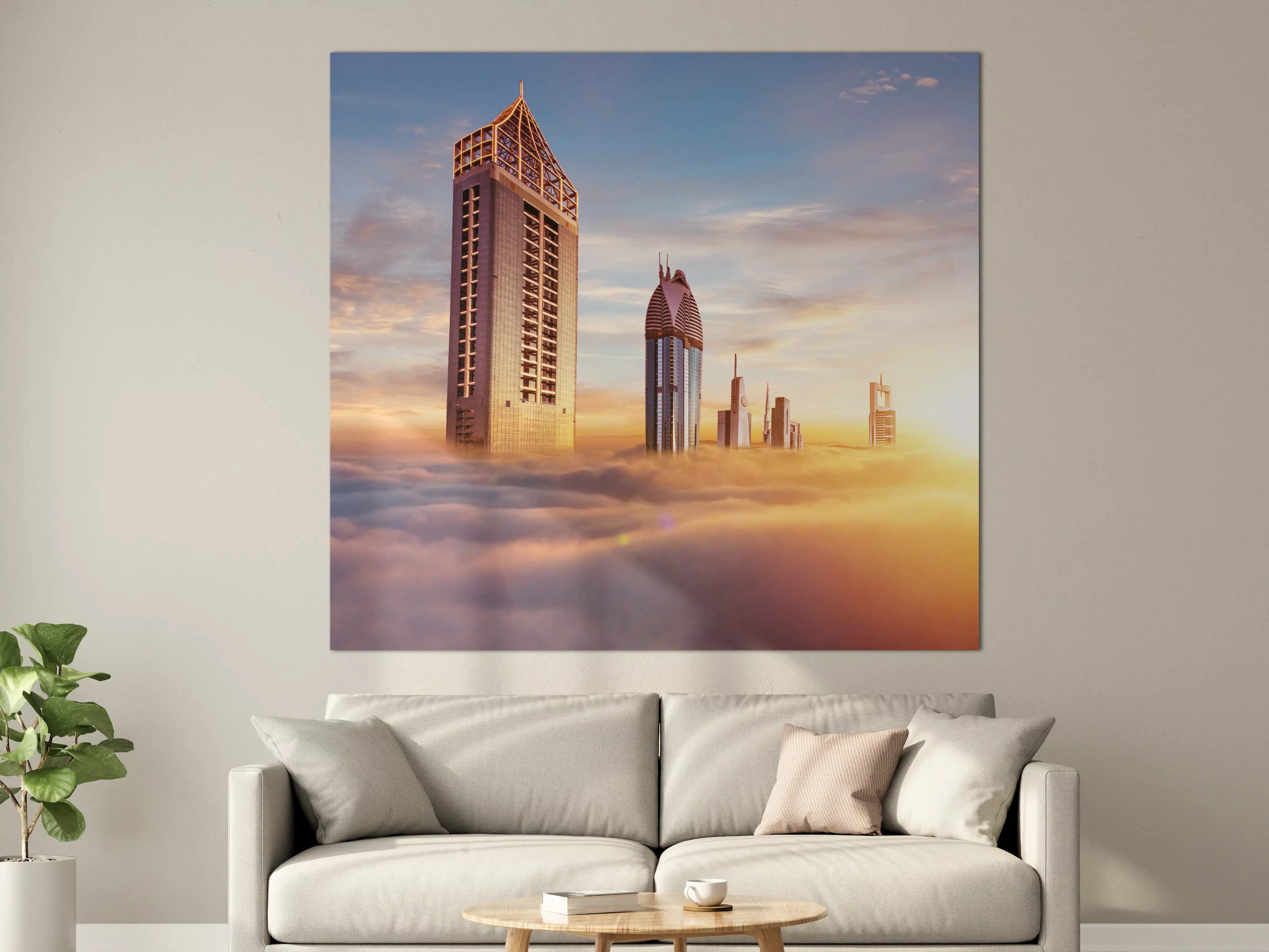 Große Wandbilder - Dubai Wolkenkratzer über den Wolken bei Sonnenaufgang