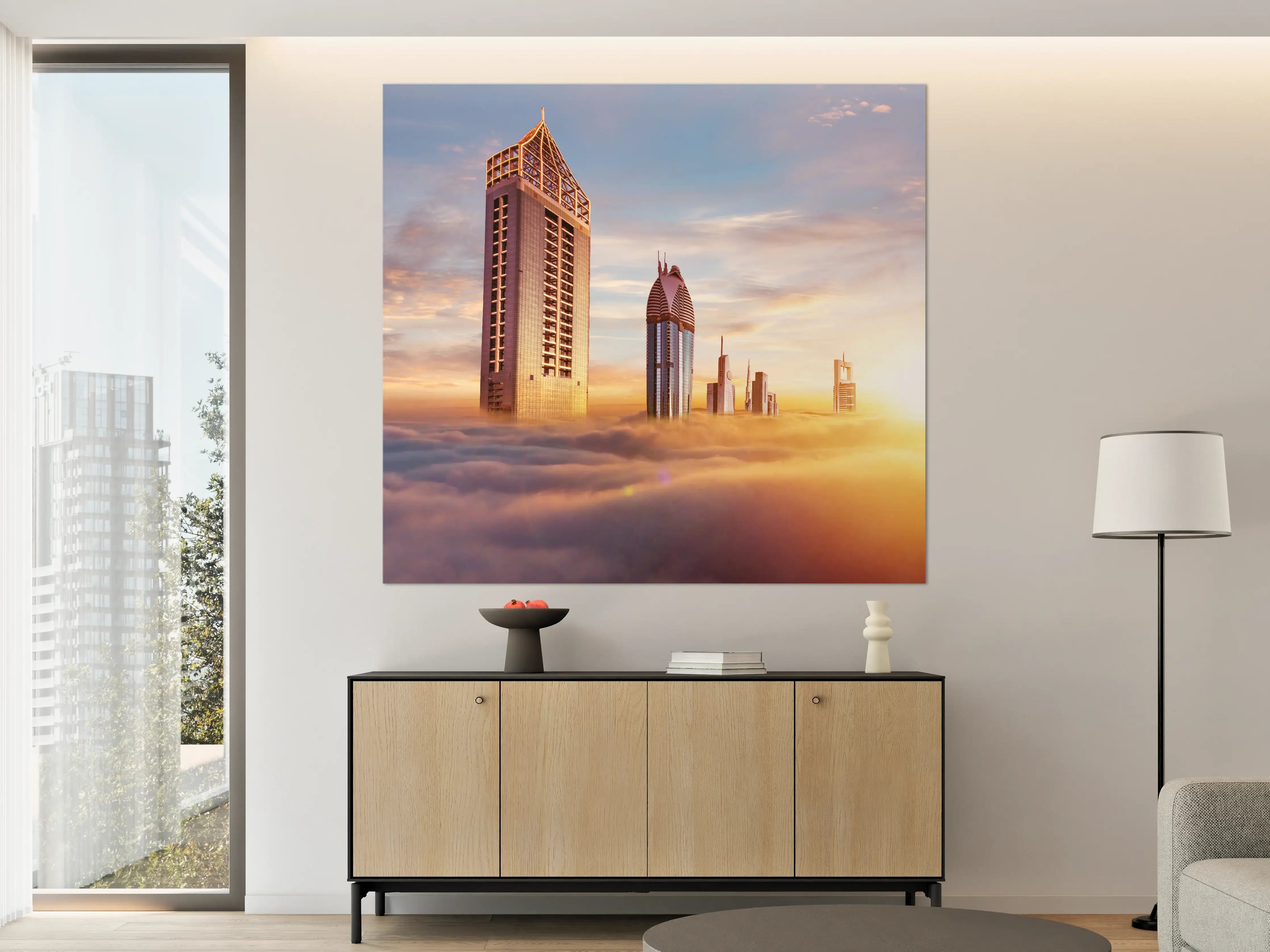 Große Wandbilder - Dubai Wolkenkratzer über den Wolken bei Sonnenaufgang