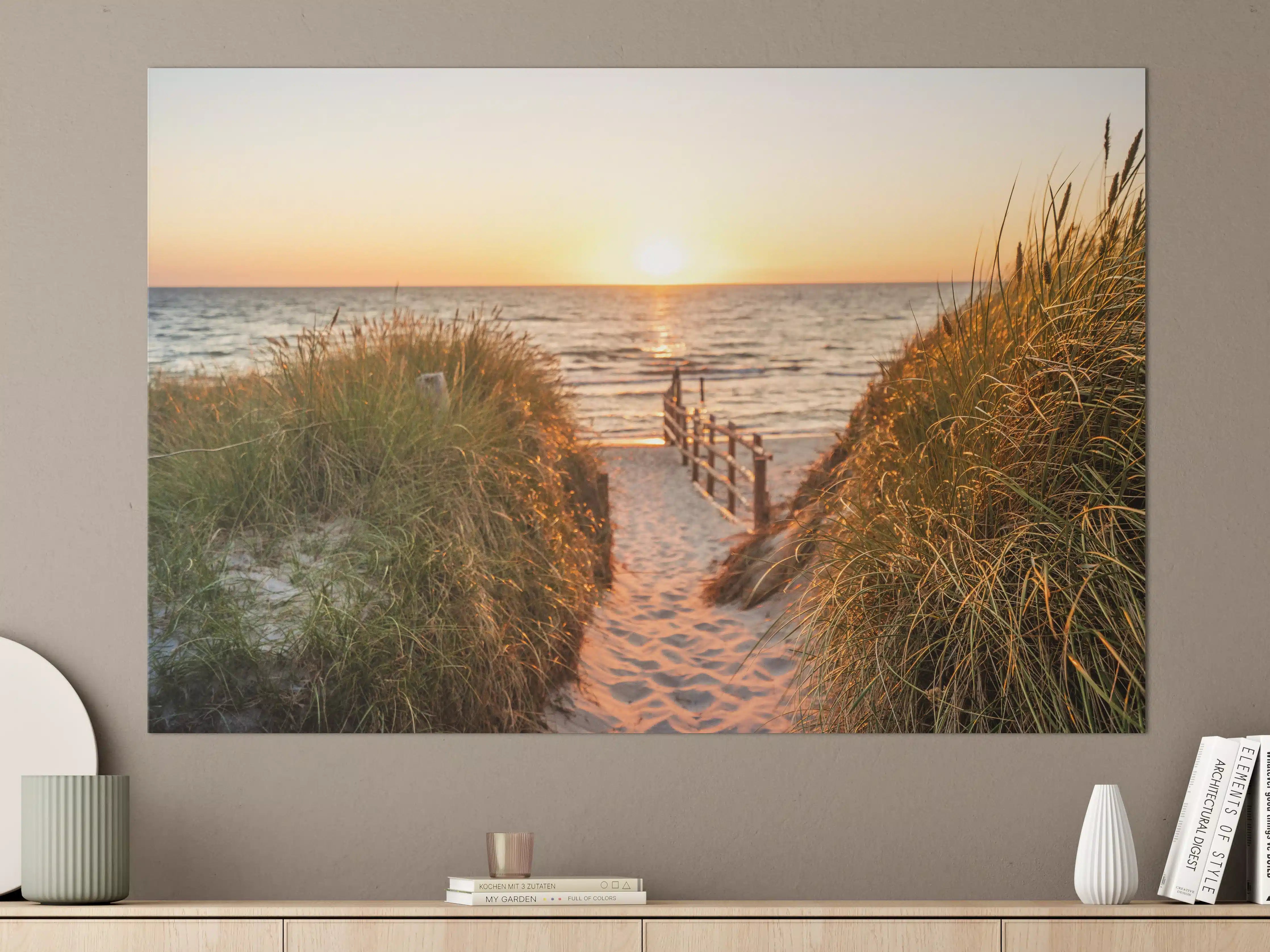 Große Wandbilder - Dünen am Strand an der Nordsee bei Sonnenuntergang