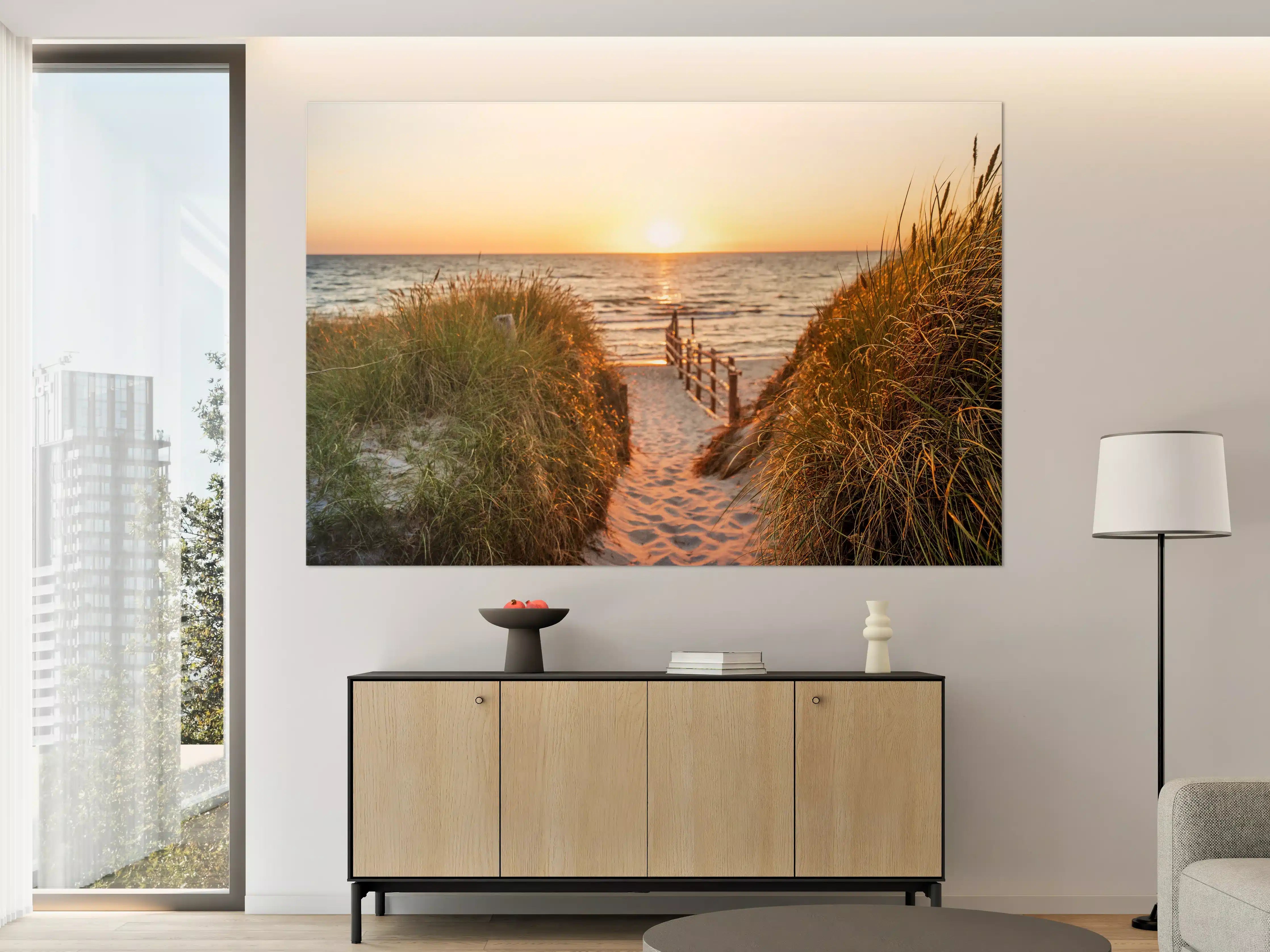 Große Wandbilder - Dünen am Strand an der Nordsee bei Sonnenuntergang
