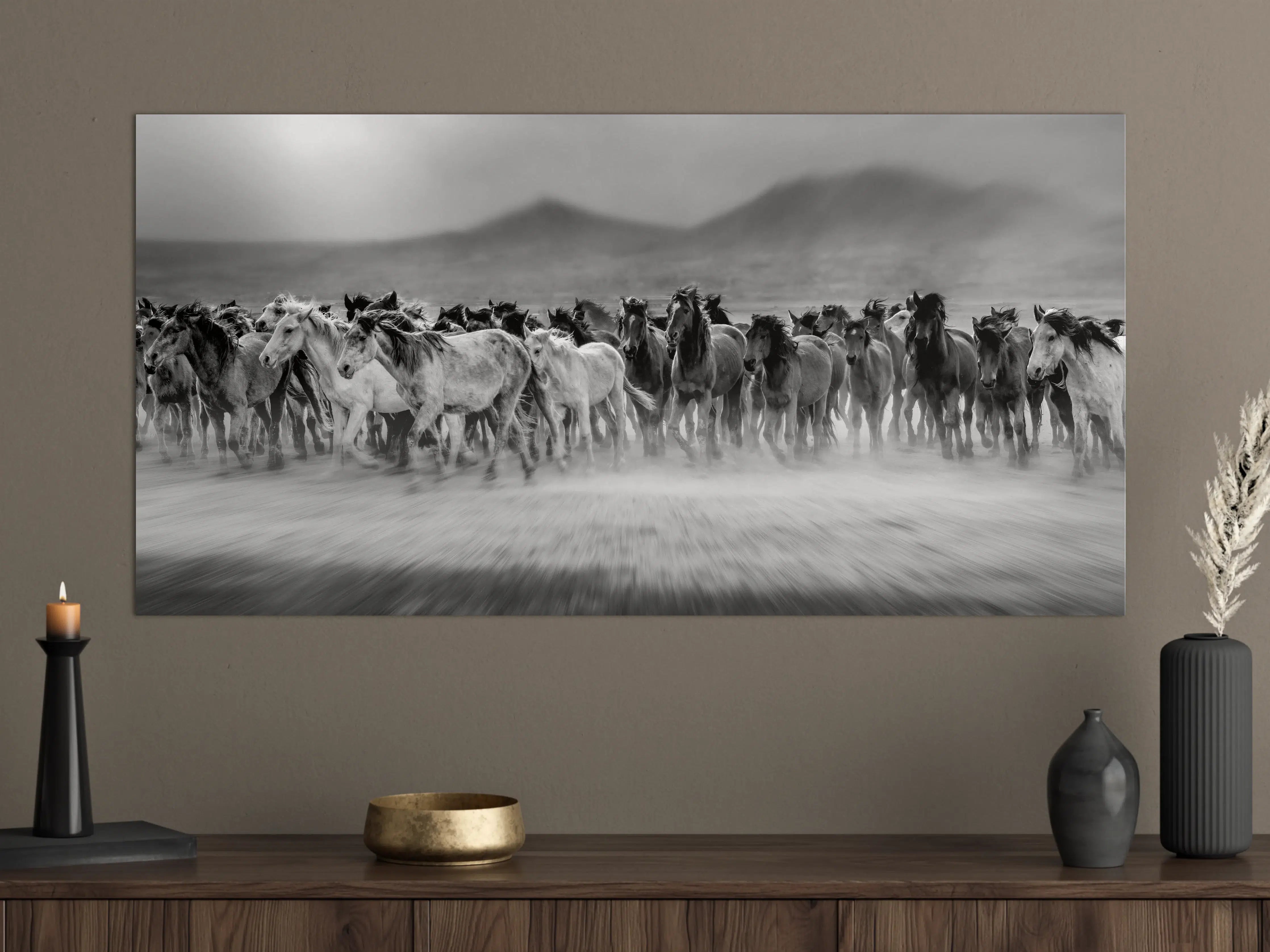 Große Wandbilder - Dünen und Pferde in Schwarz-Weiß