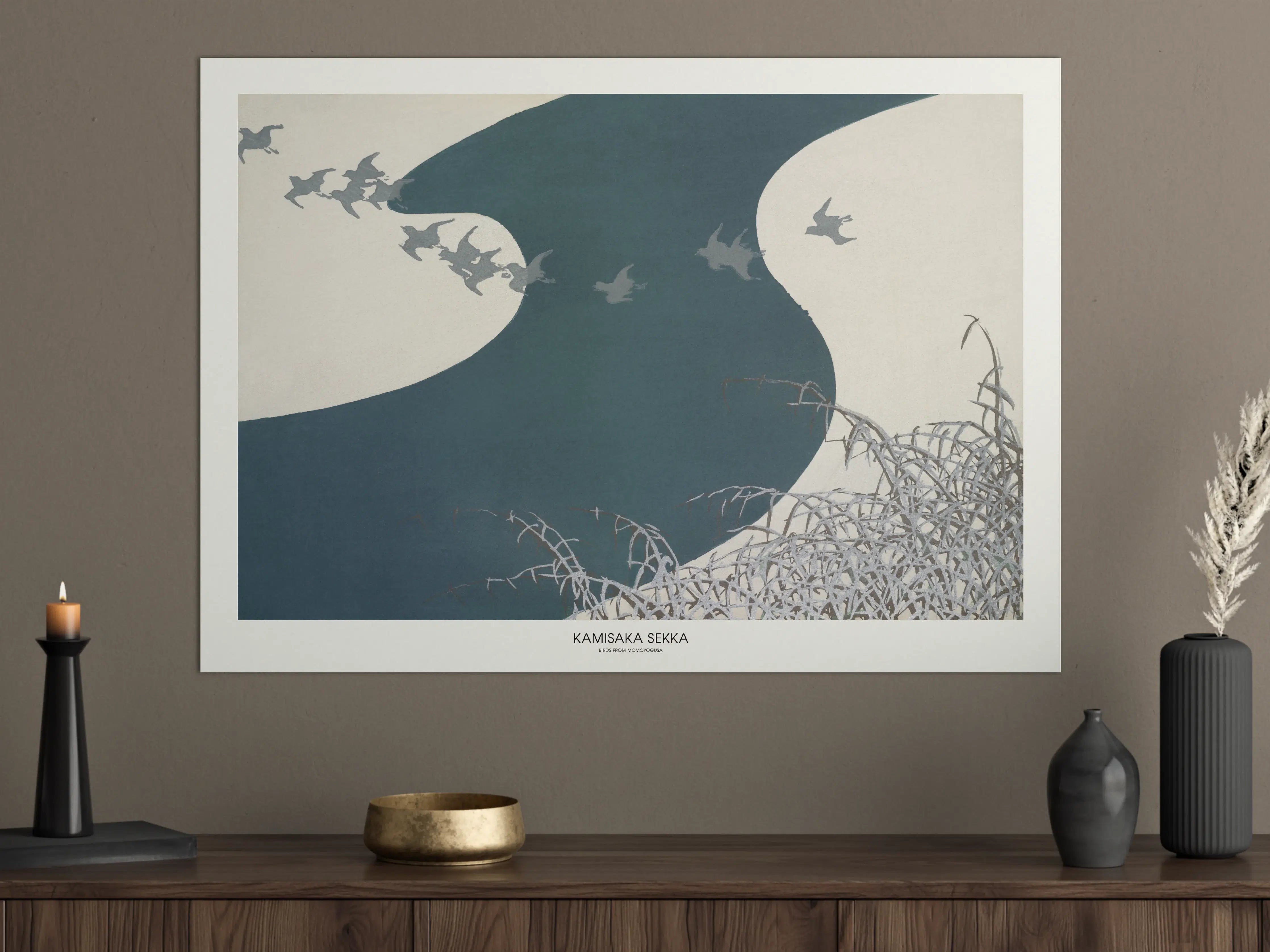 Große Wandbilder - Düsterer Fluss mit Vogel-Silhouetten