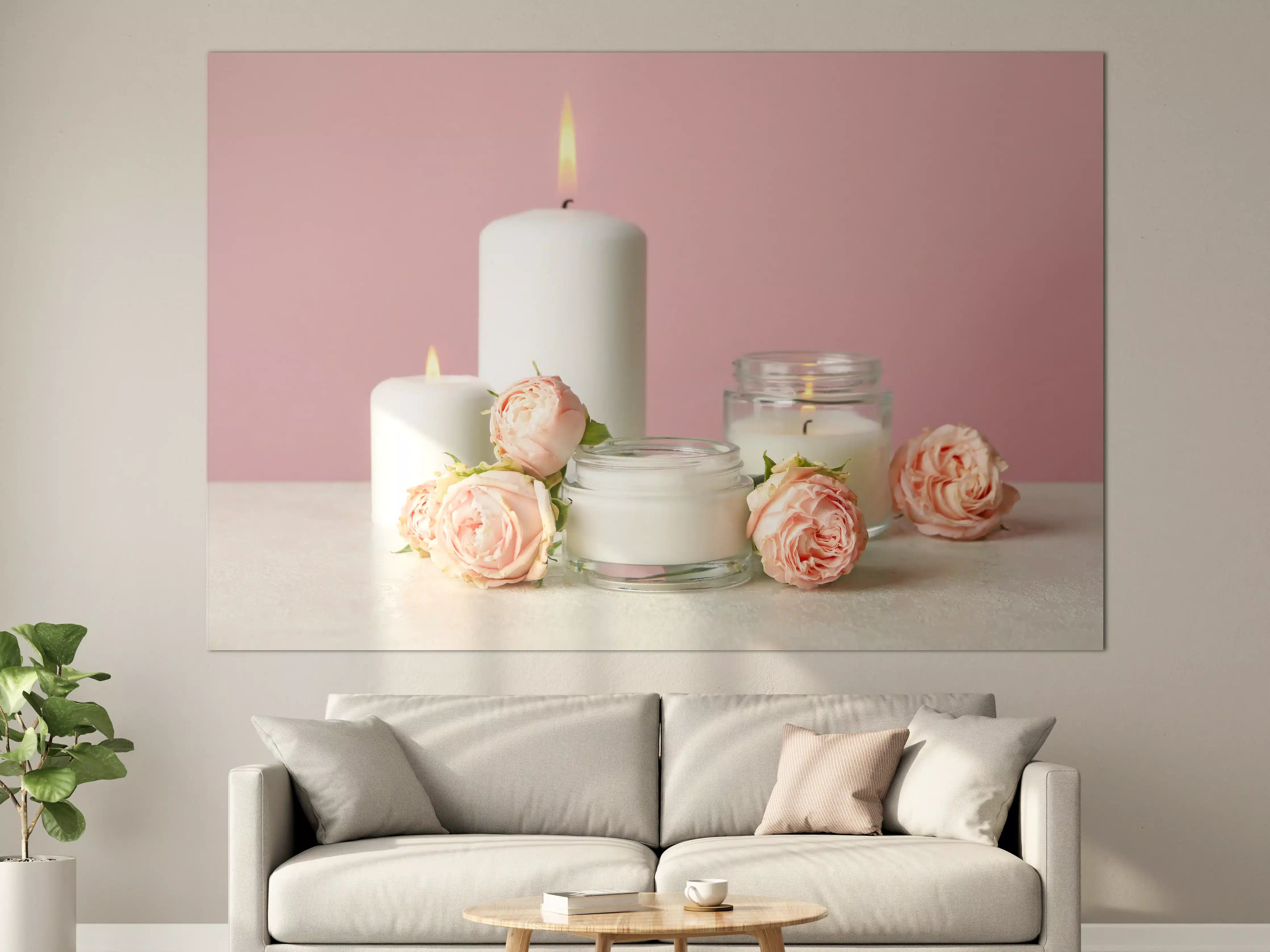 Große Wandbilder - Duftkerzen und Rosen auf weißem Tisch 
