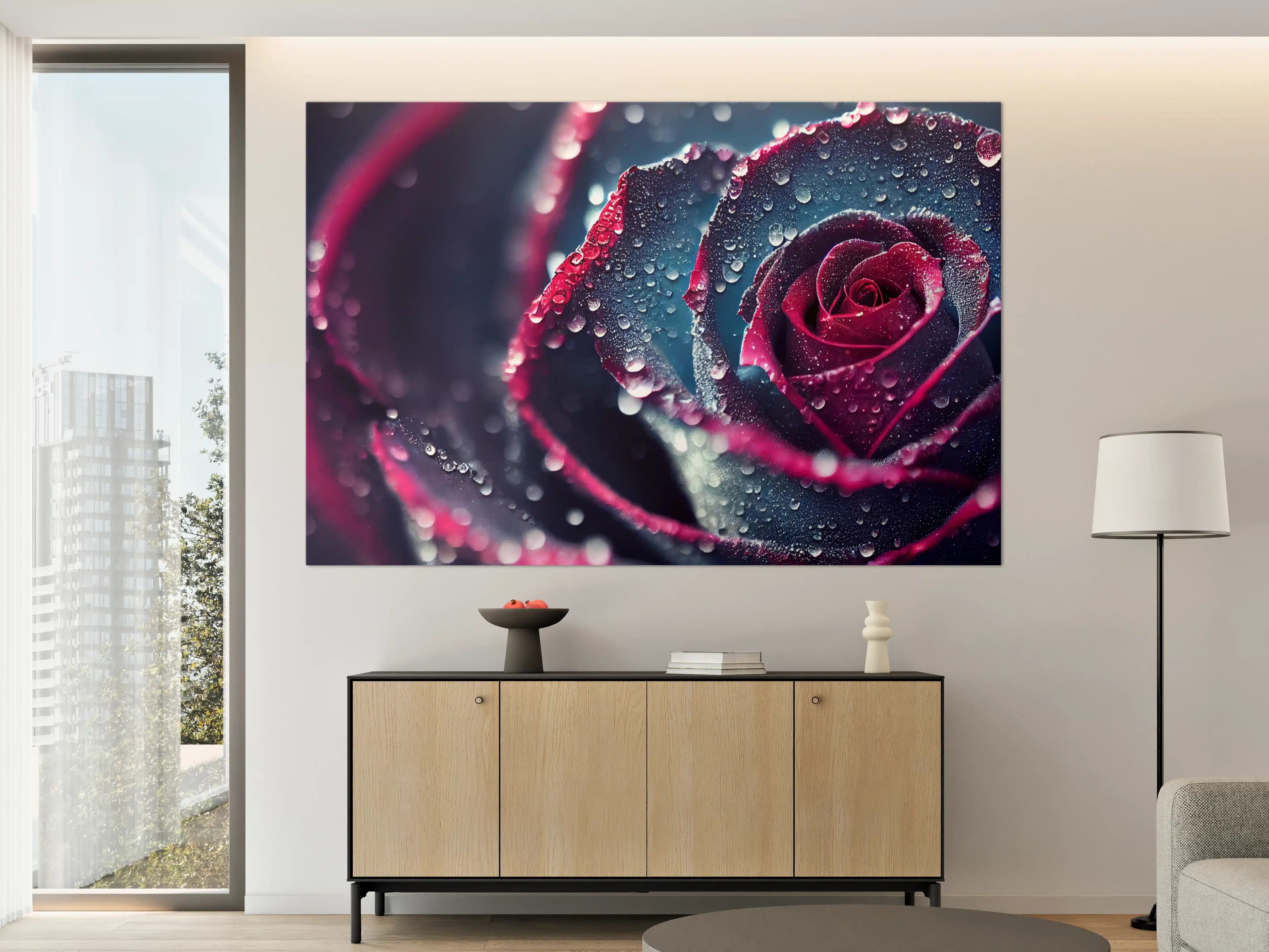 Große Wandbilder - Dunkle Rosen mit Wassertröpfchen in Nahaufnahme