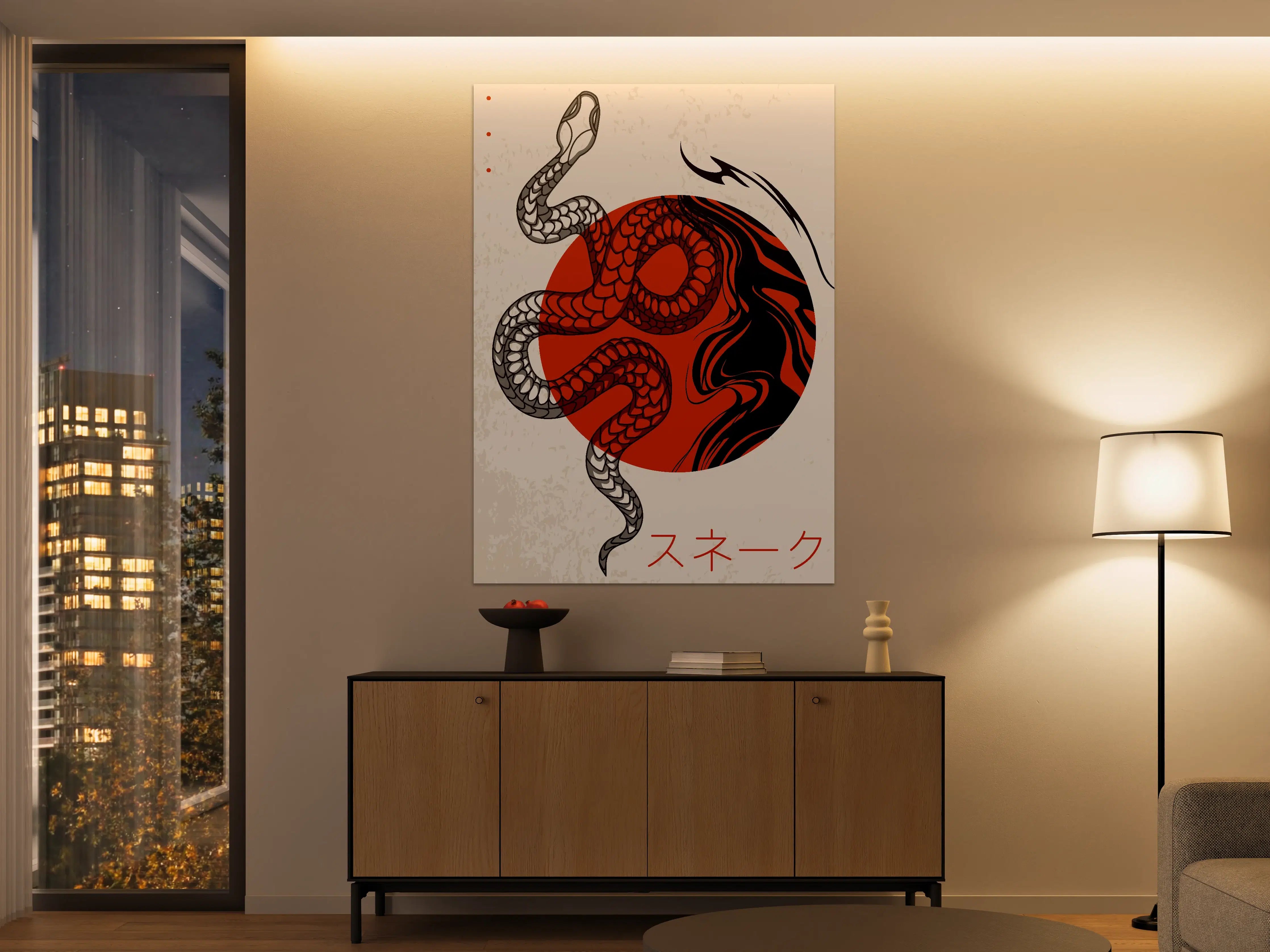 Große Wandbilder - Dynamische Schlangen-Illustration mit rotem Hintergrund