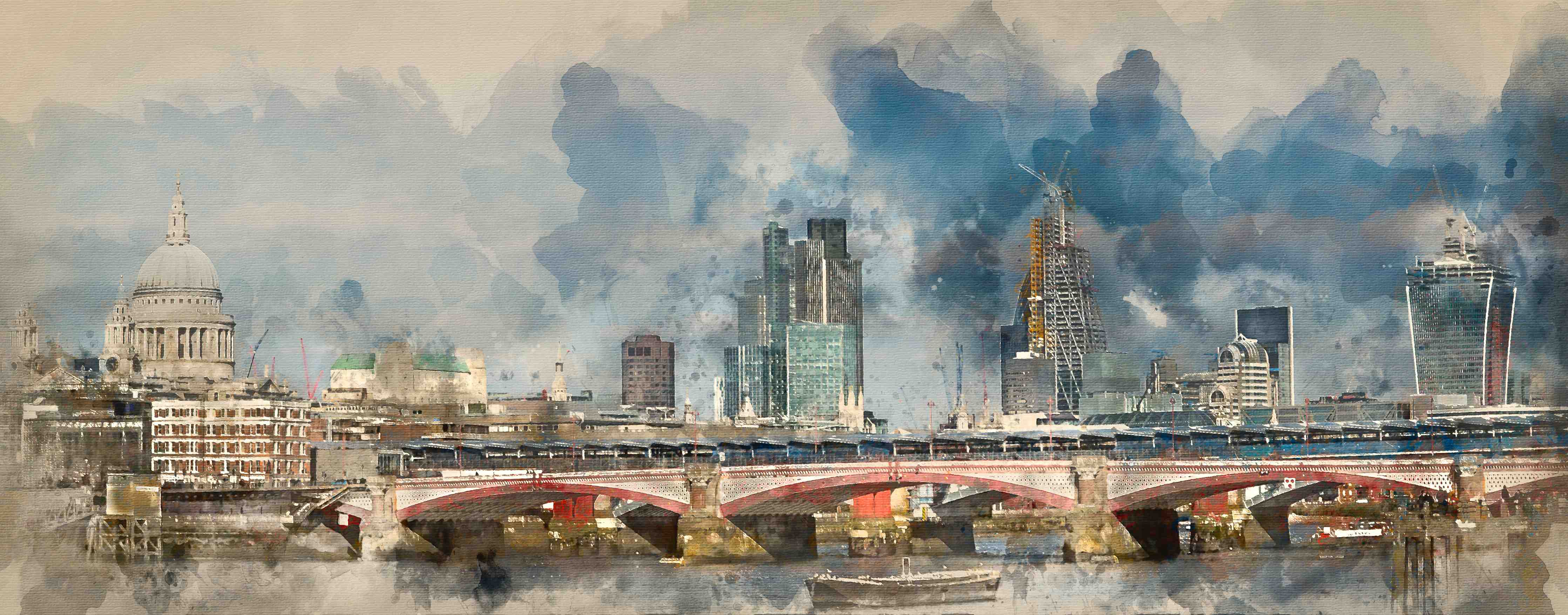 Große Wandbilder-Dynamischer Stadtblick mit Wolken und Brücke