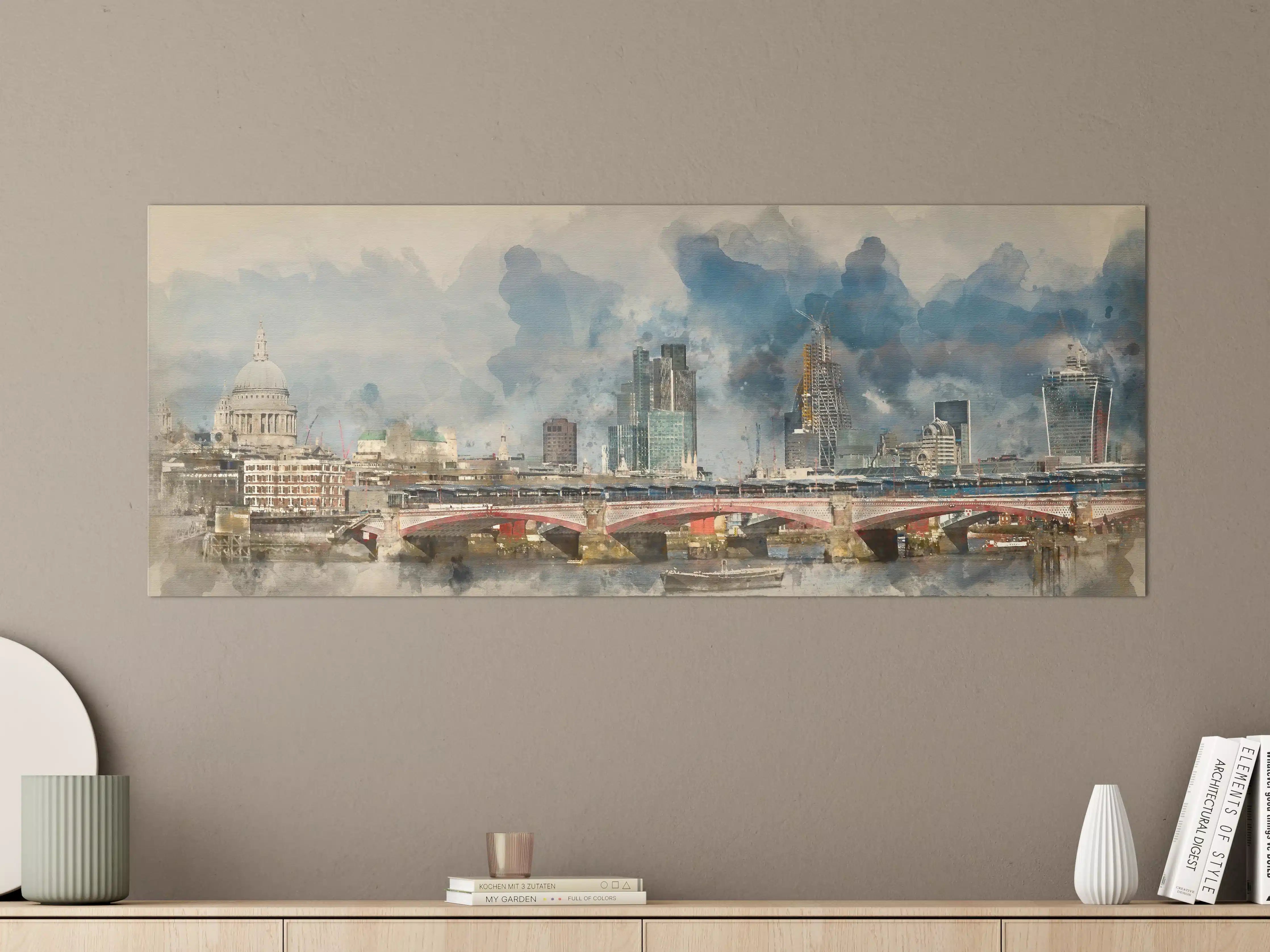 Große Wandbilder - Dynamischer Stadtblick mit Wolken und Brücke
