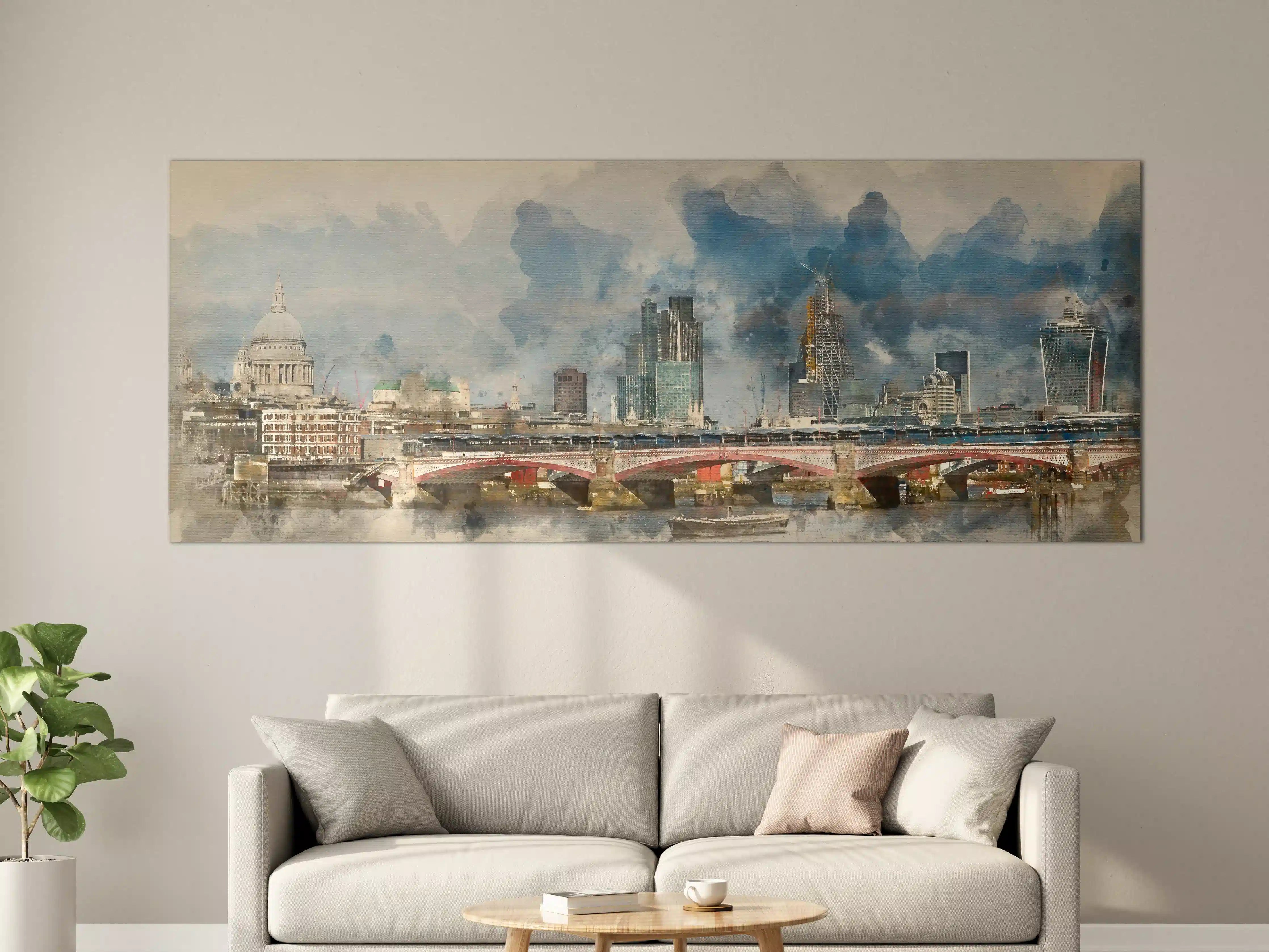 Große Wandbilder - Dynamischer Stadtblick mit Wolken und Brücke