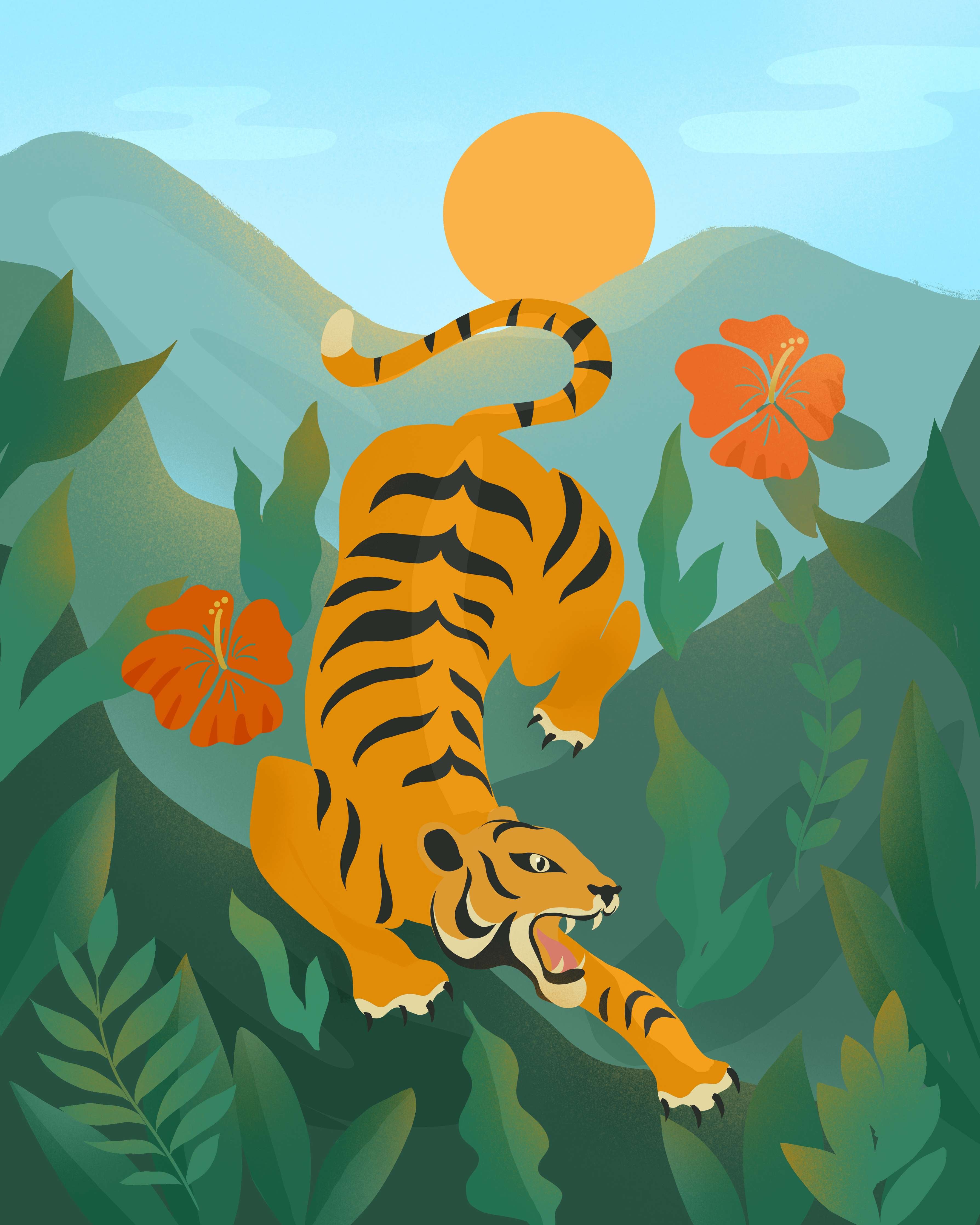 Große Wandbilder-Dynamischer Tiger in grüner Dschungellandschaft mit Sonnenuntergang