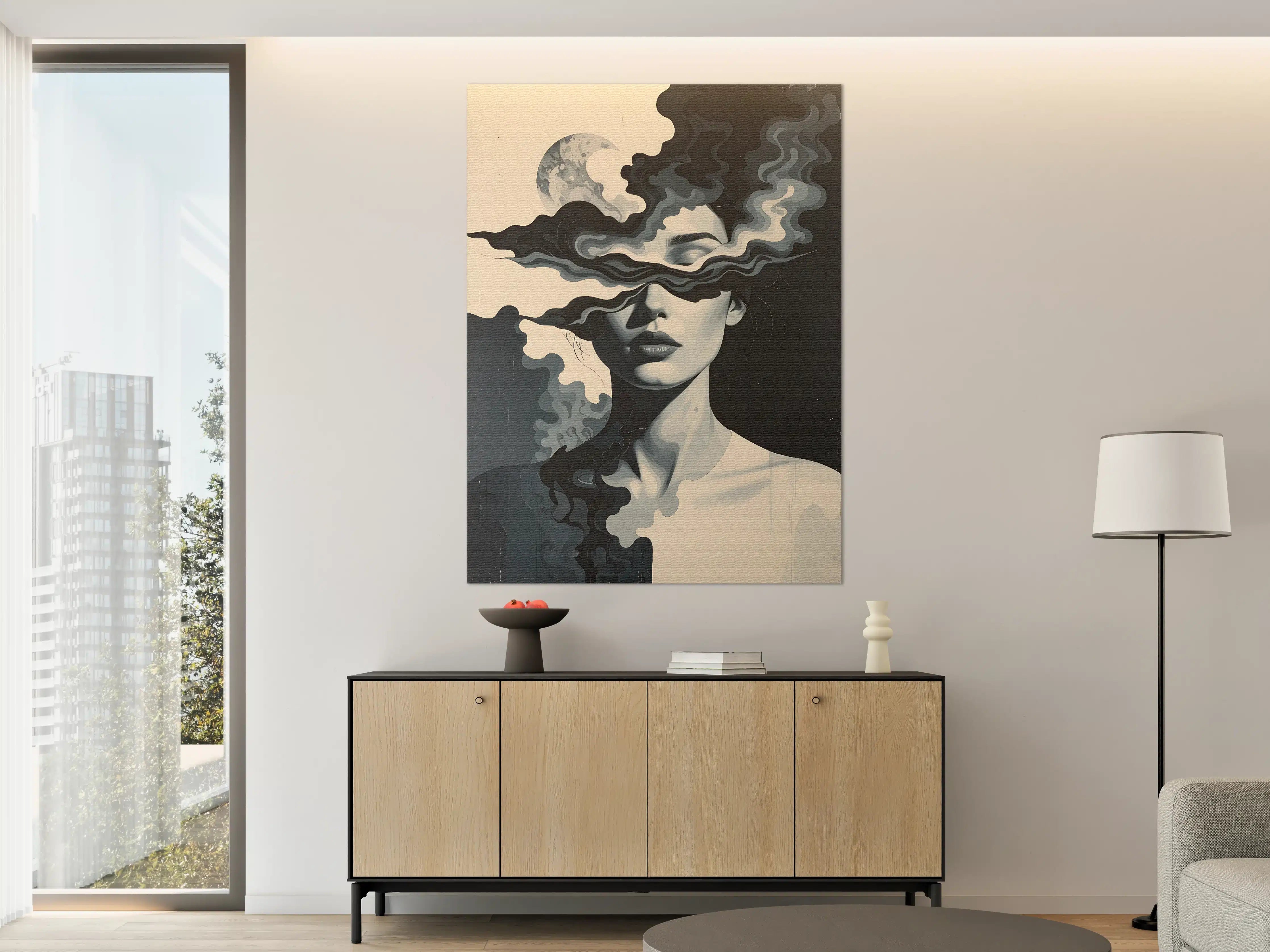 Große Wandbilder - Dynamisches Kunstwerk mit Mond-Silhouette