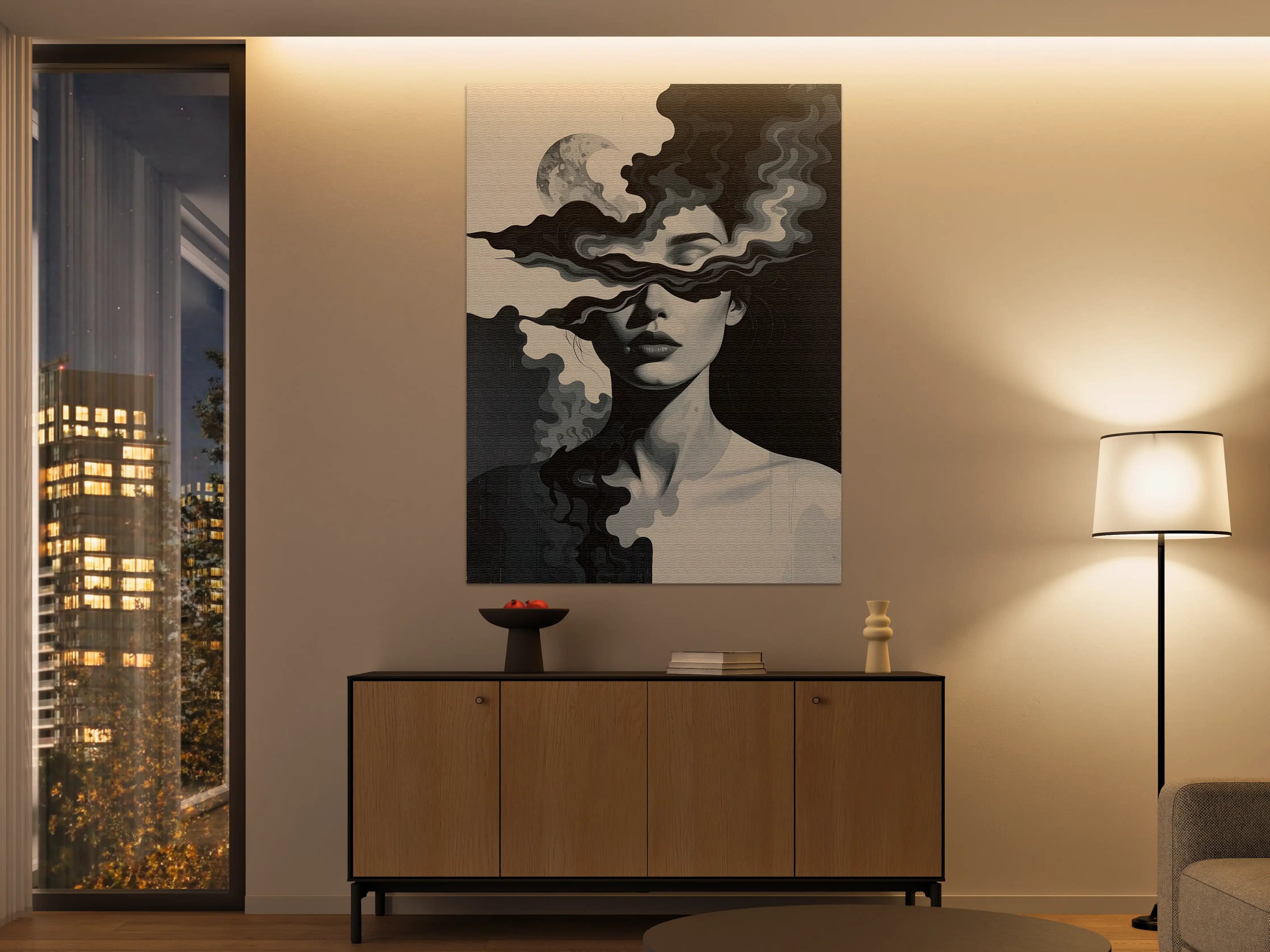 Große Wandbilder - Dynamisches Kunstwerk mit Mond-Silhouette