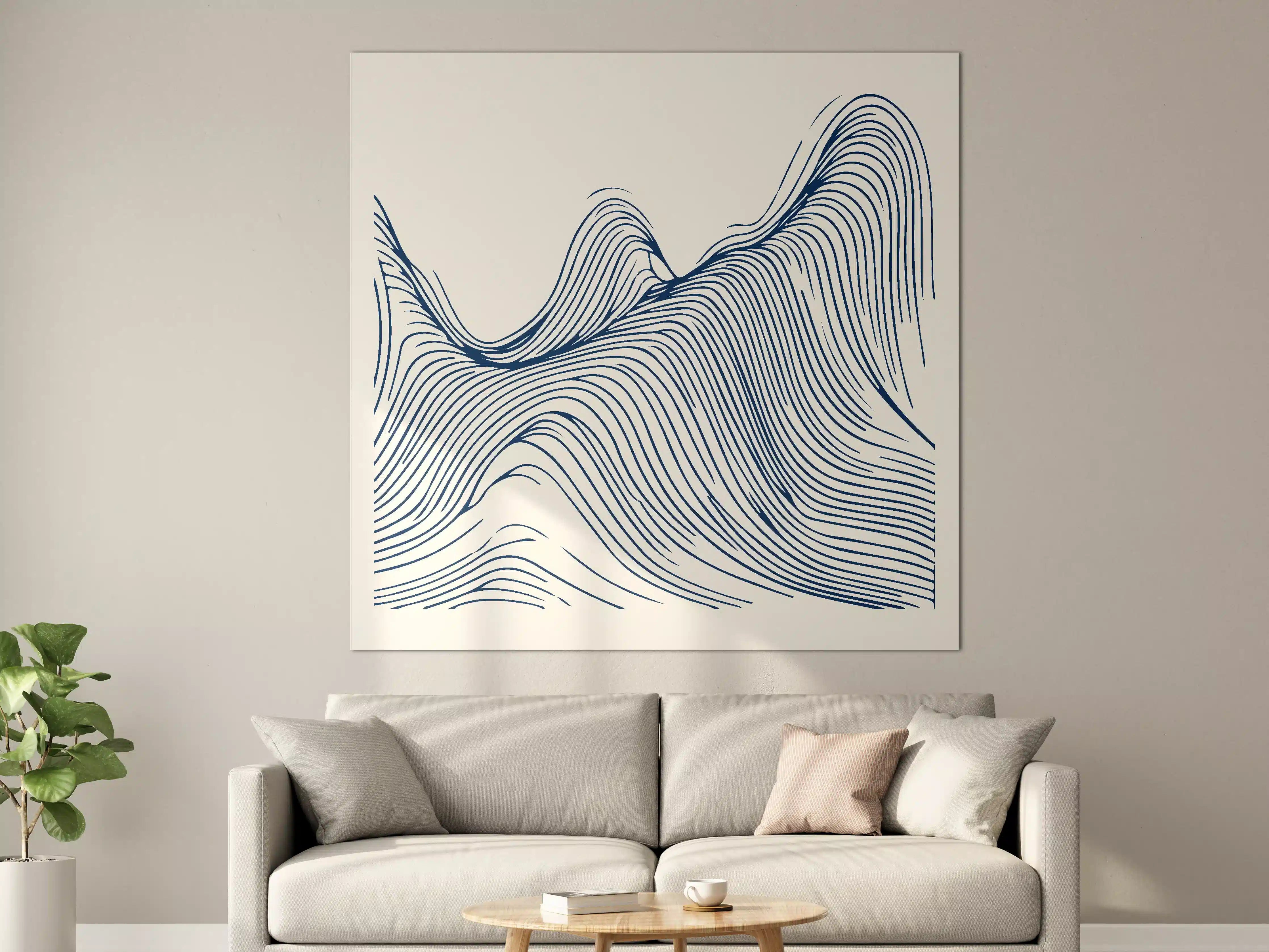 Große Wandbilder - Dynamisches Linien-Design in Creme und Blau