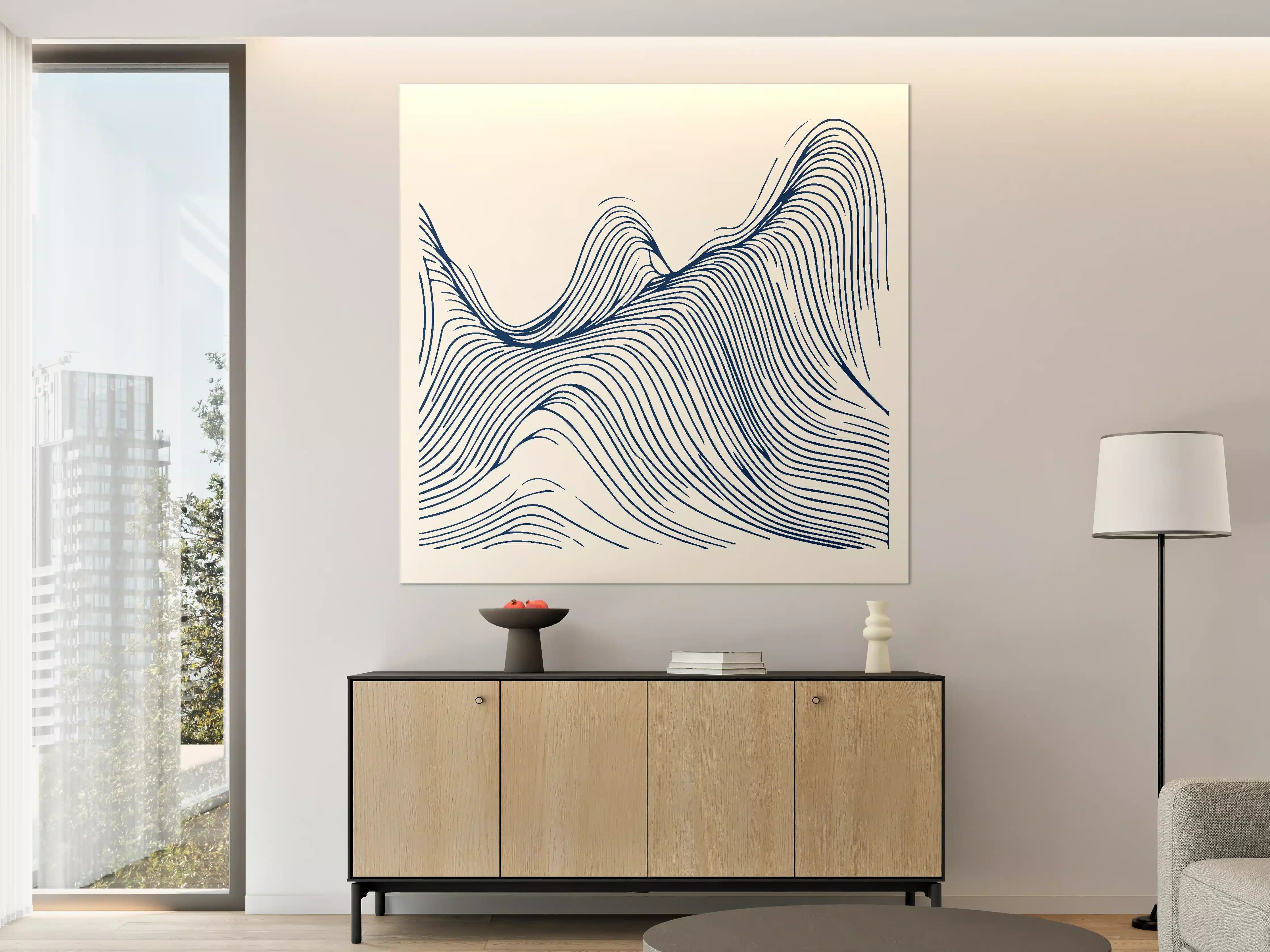 Große Wandbilder - Dynamisches Linien-Design in Creme und Blau