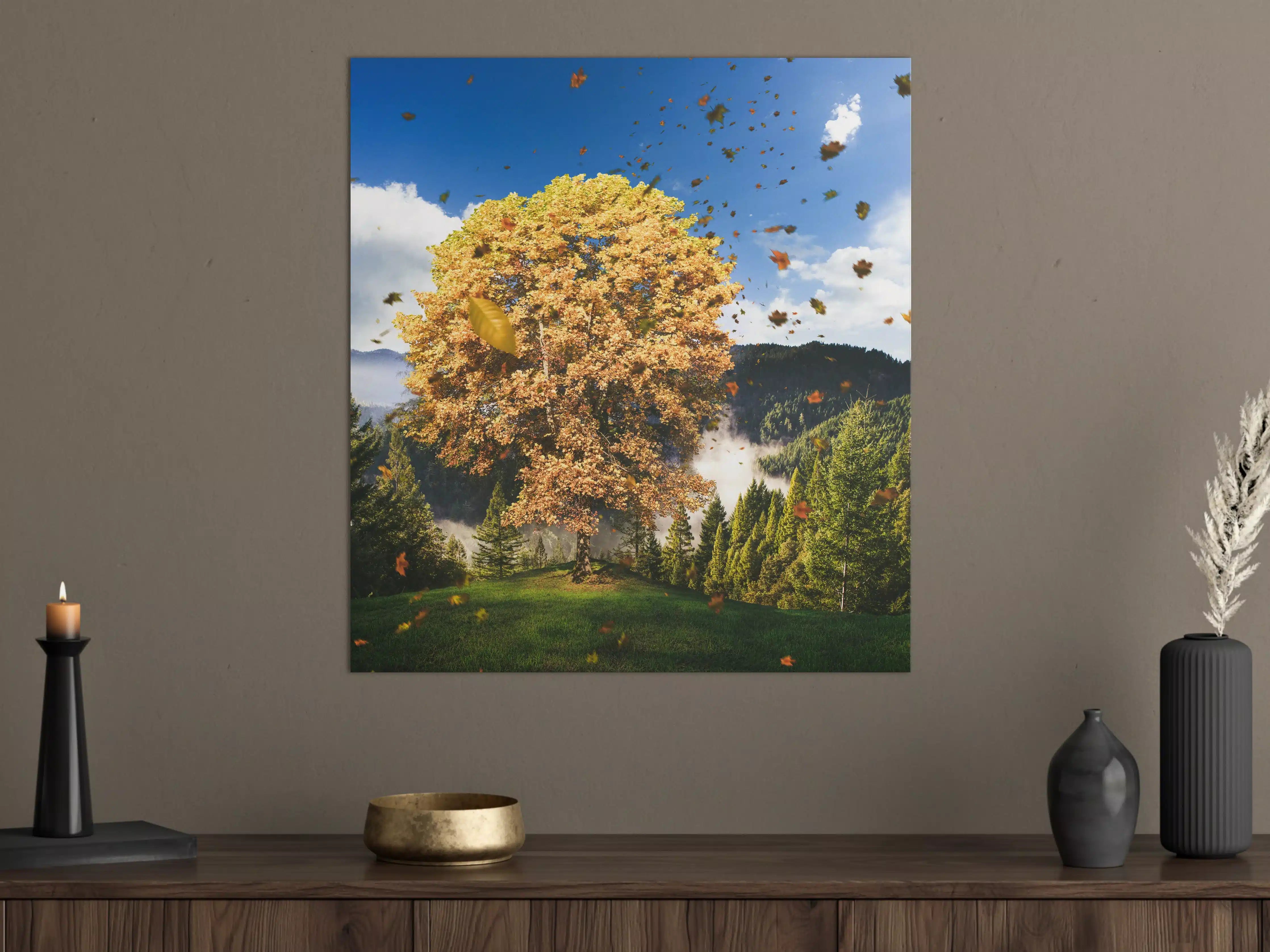 Große Wandbilder - Einzelner Herbst Baum im Wald bei Wind