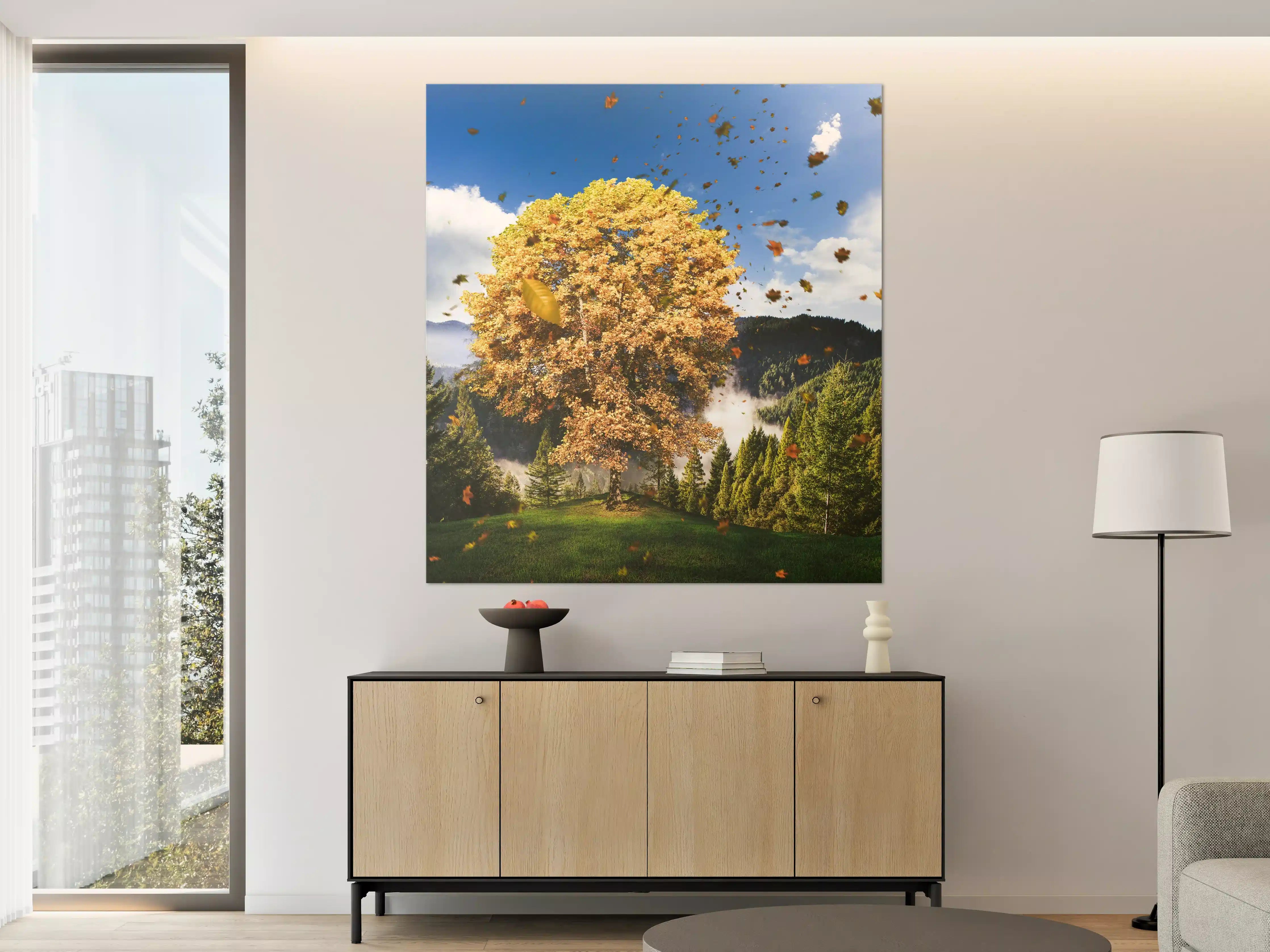 Große Wandbilder - Einzelner Herbst Baum im Wald bei Wind