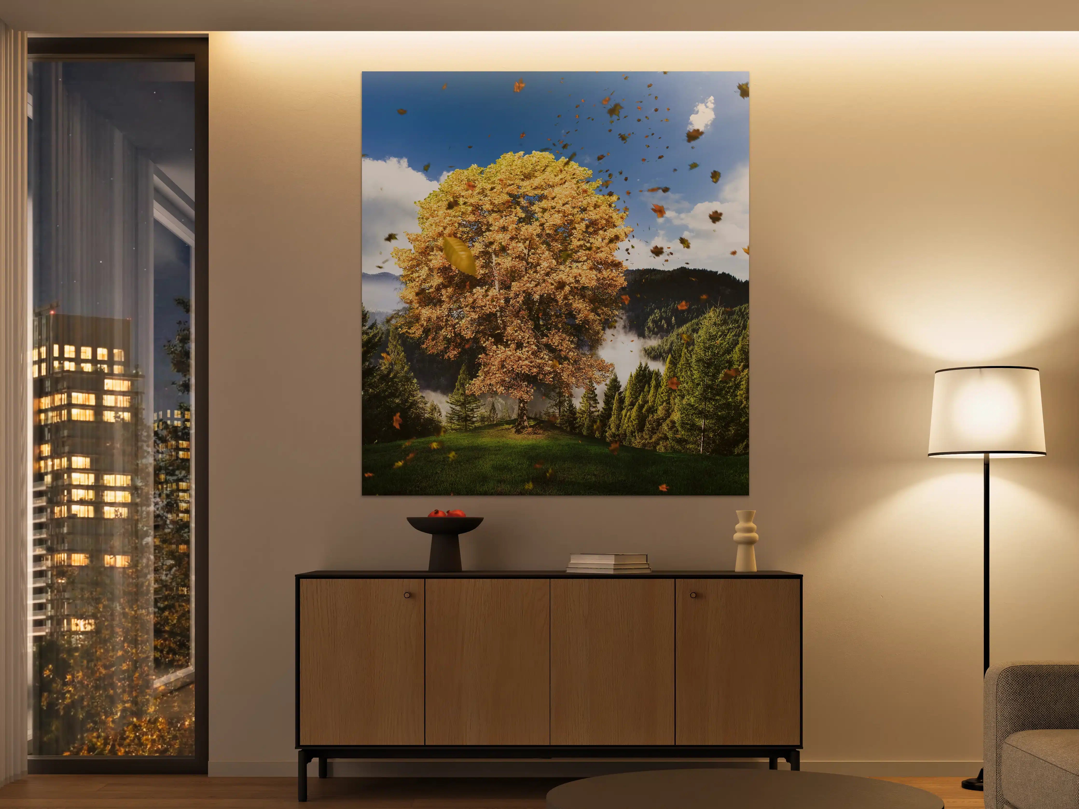 Große Wandbilder - Einzelner Herbst Baum im Wald bei Wind