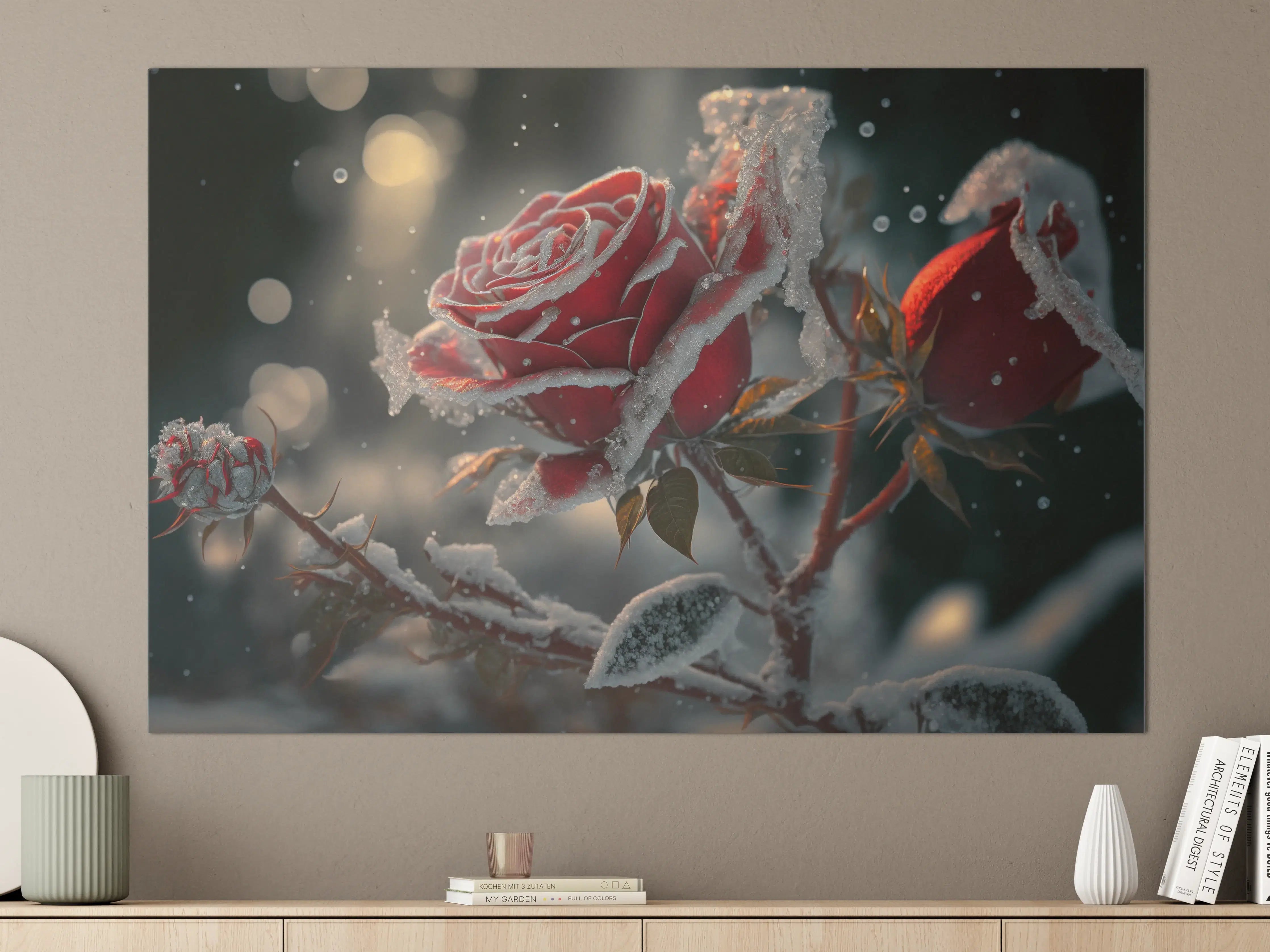 Große Wandbilder - Eisblumen an roter Rose bei Sonnenlicht