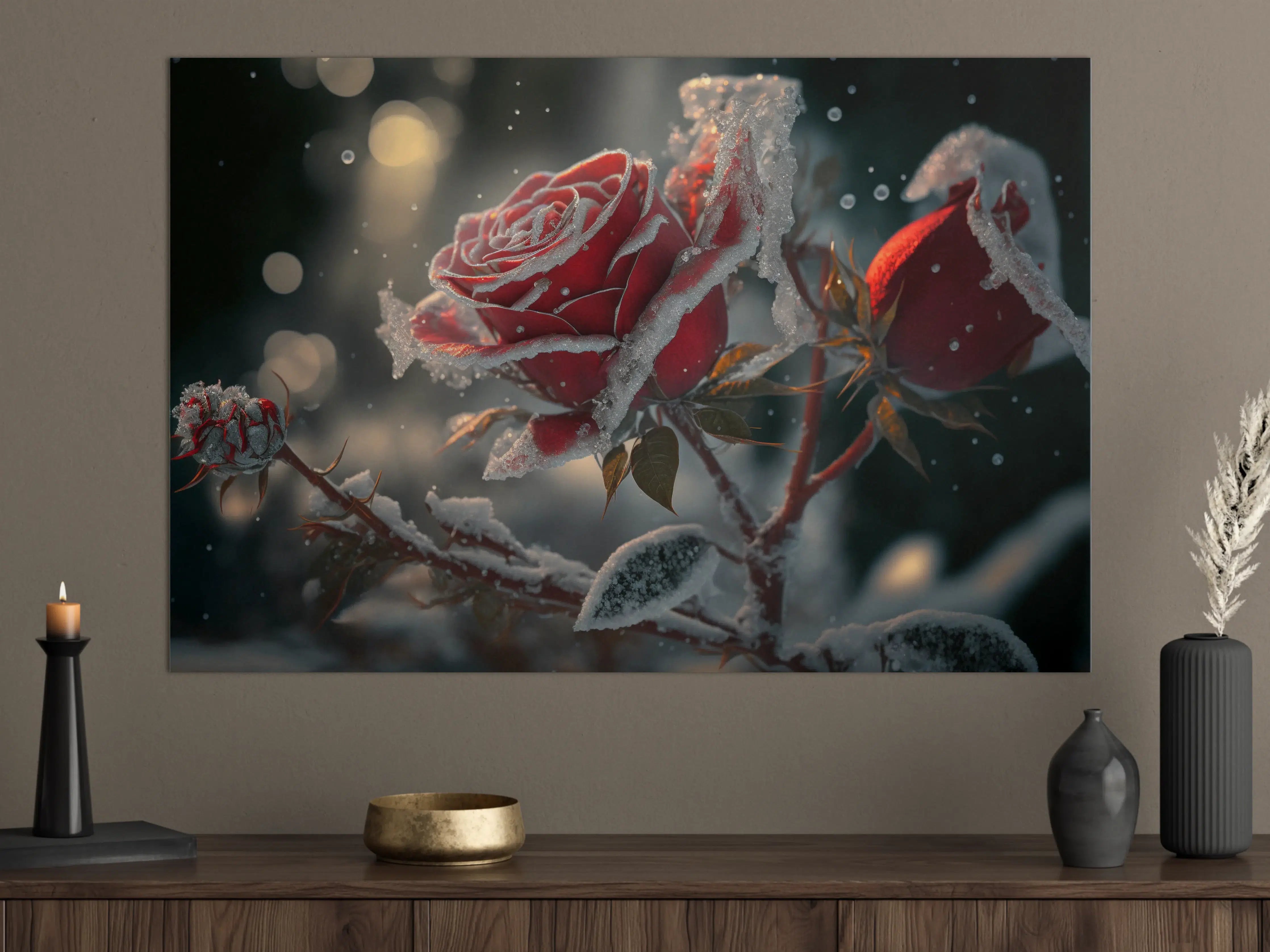 Große Wandbilder - Eisblumen an roter Rose bei Sonnenlicht