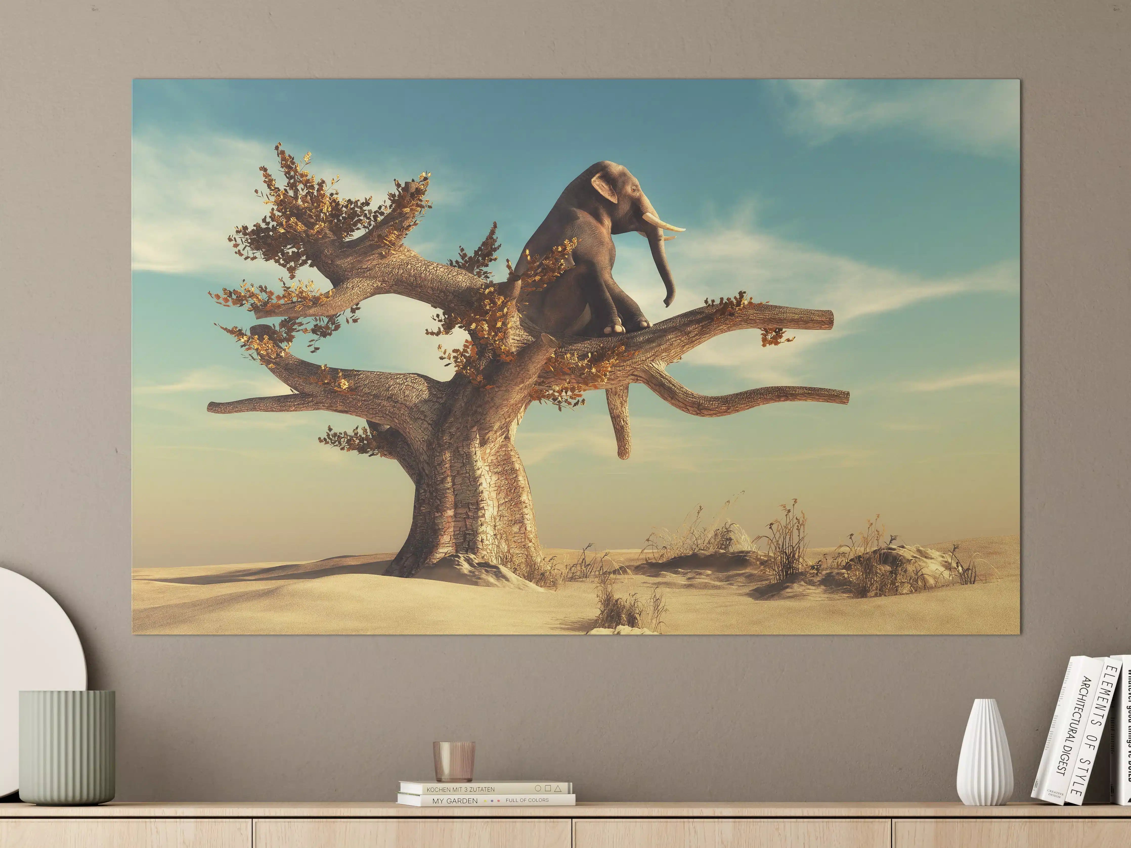 Große Wandbilder - Elefant auf Baum im Sonnenuntergang