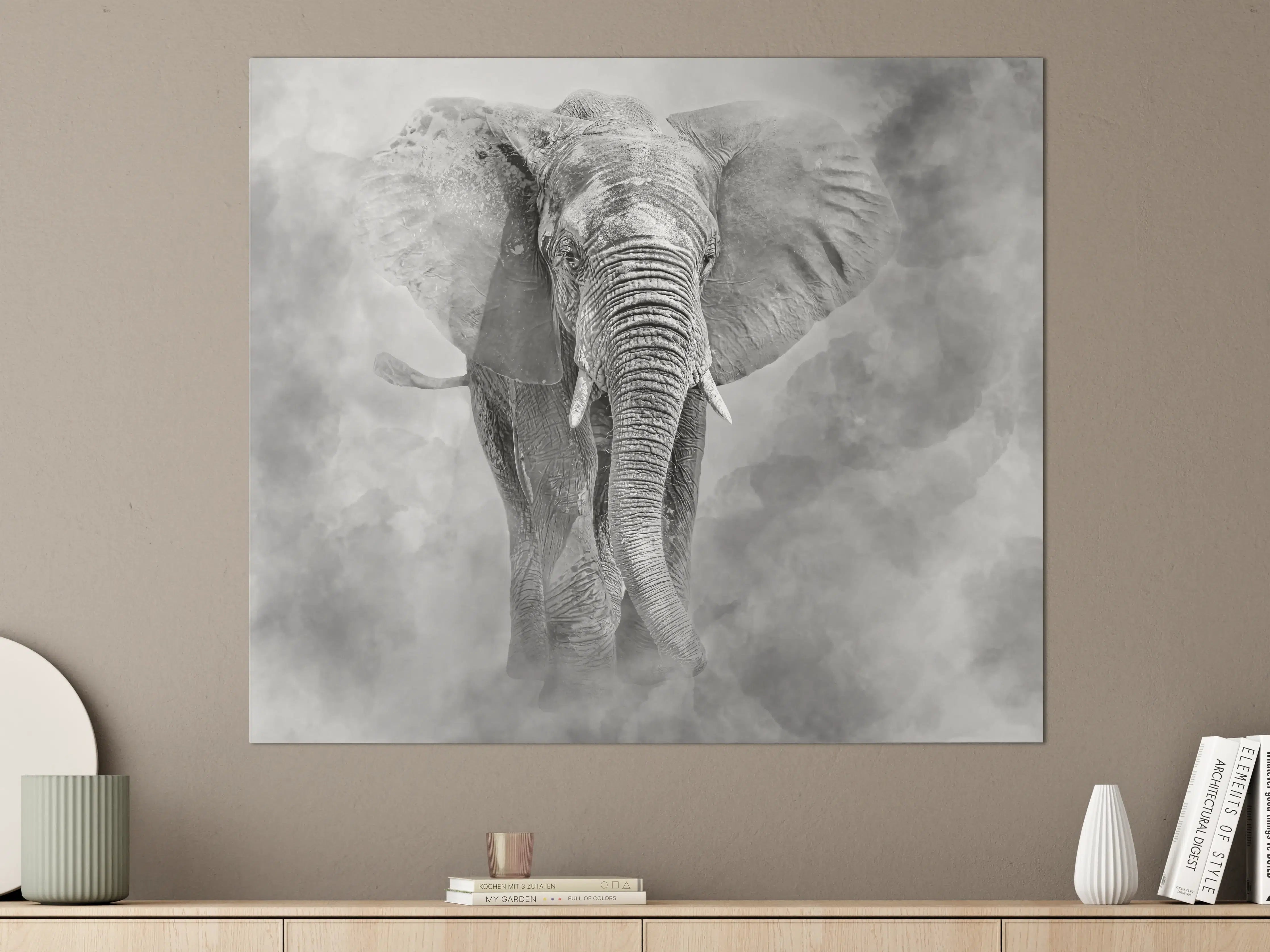 Große Wandbilder - Elefant in Graustufen und Wolken