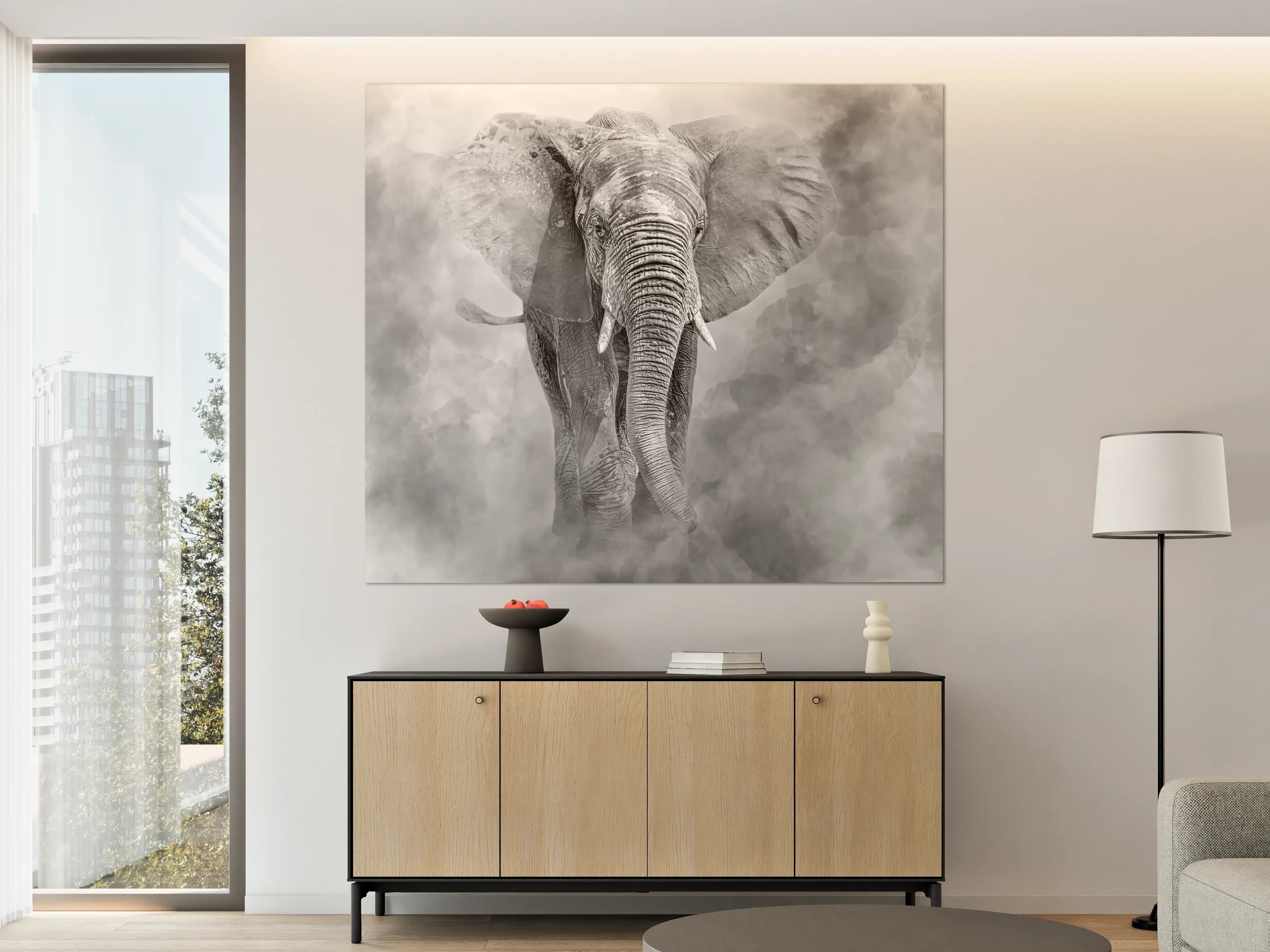 Große Wandbilder - Elefant in Graustufen und Wolken
