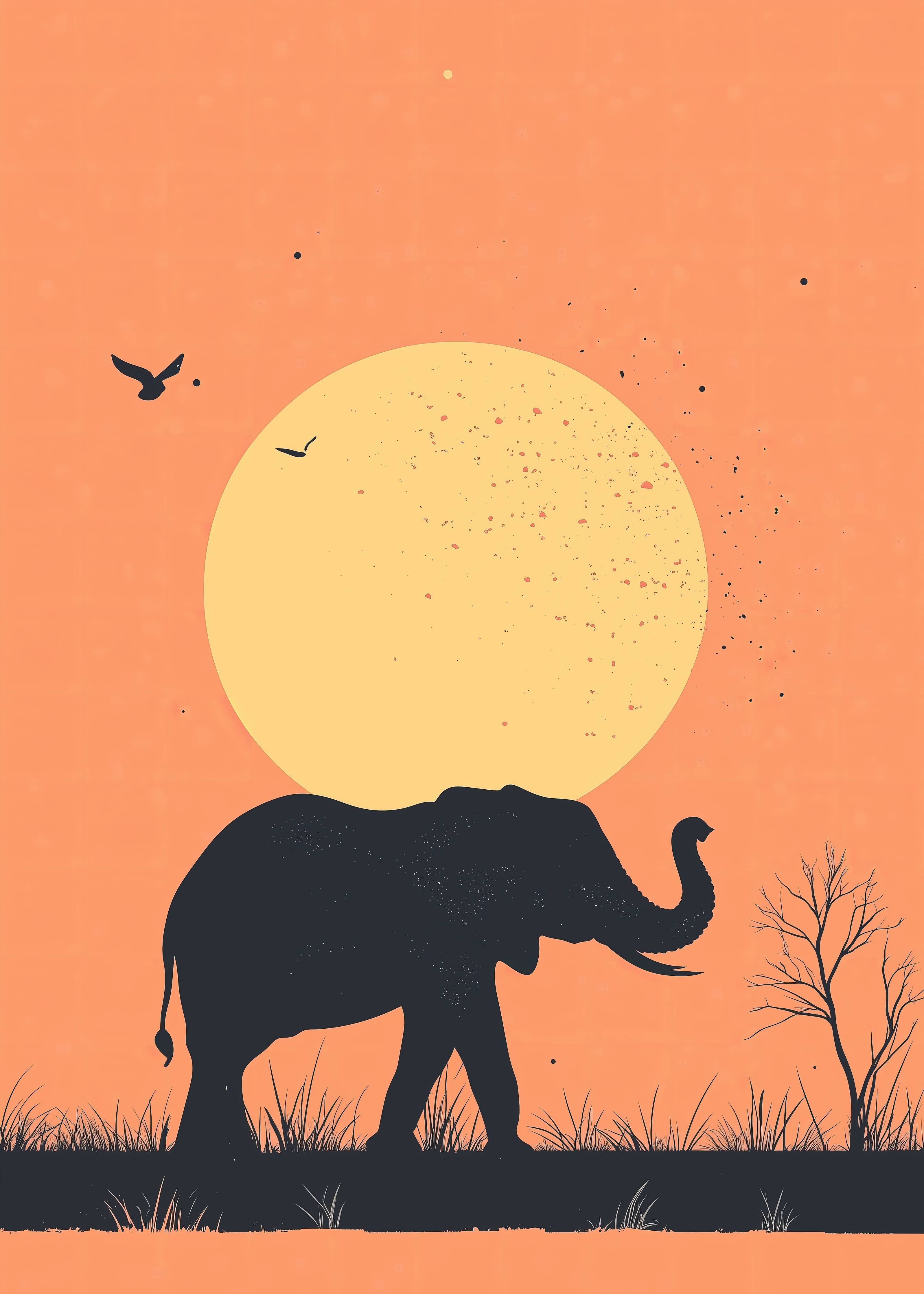 Große Wandbilder-Elefant vor Sonnenuntergang mit Vogelschwarm