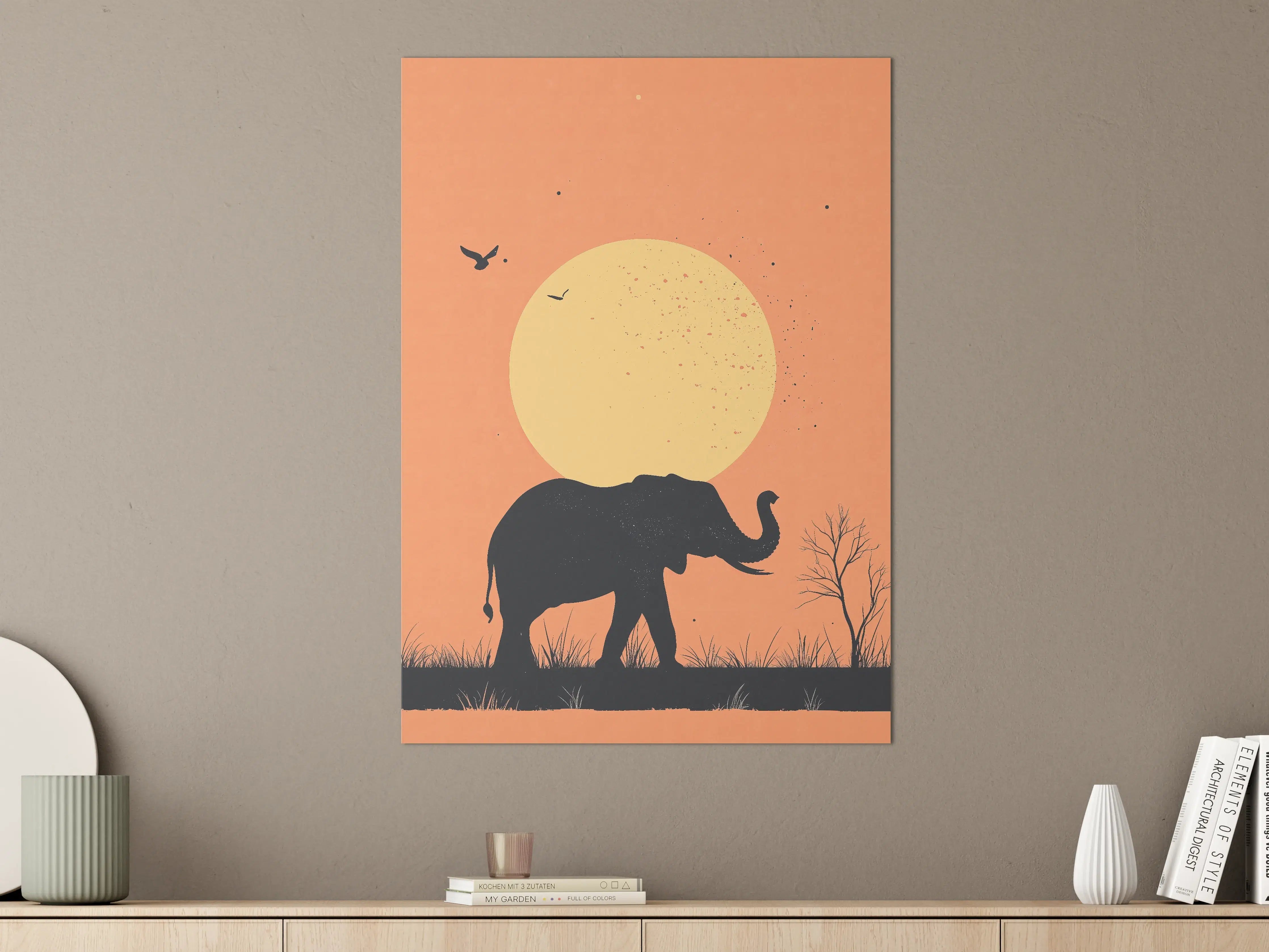 Große Wandbilder - Elefant vor Sonnenuntergang mit Vogelschwarm