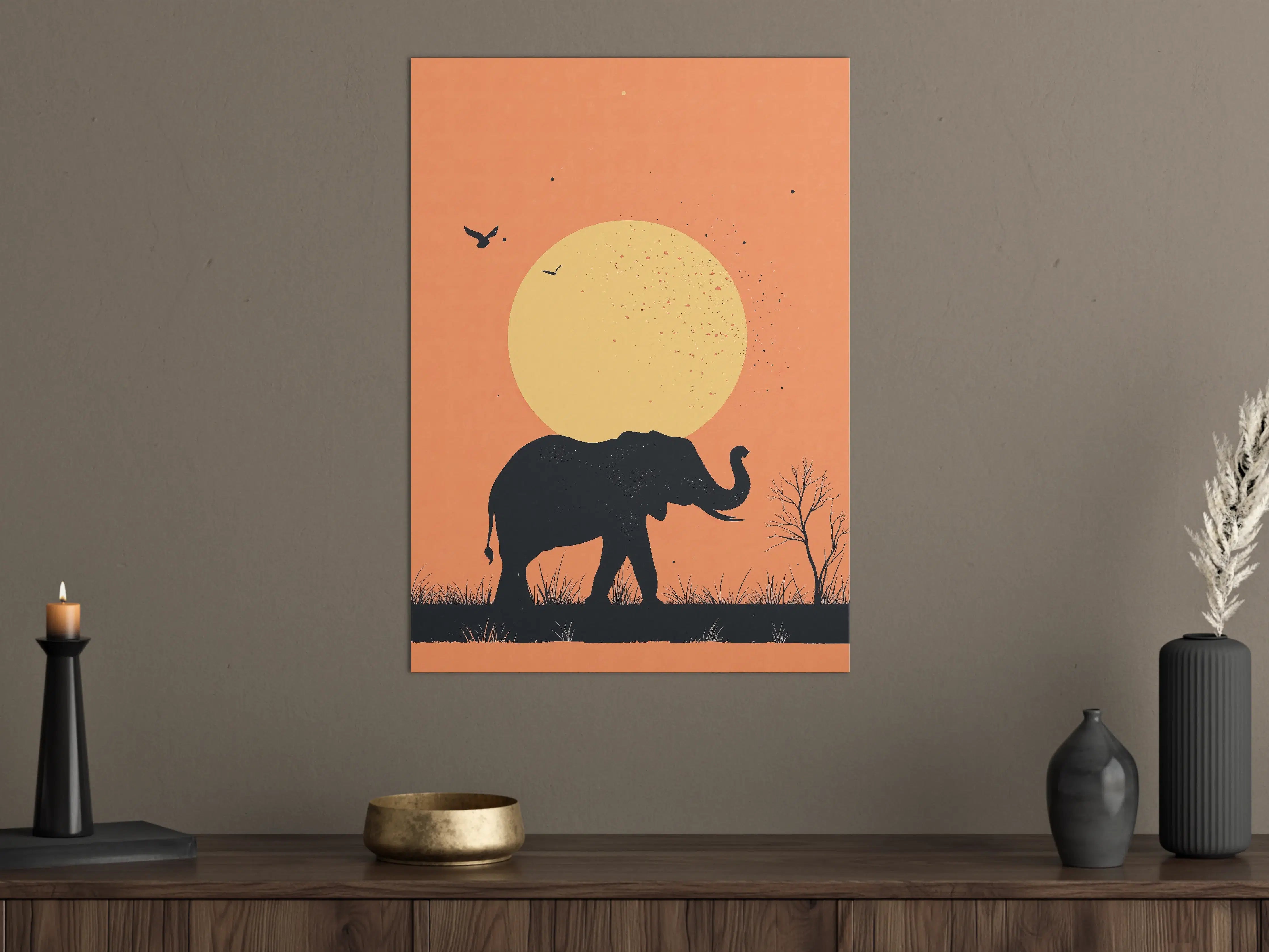 Große Wandbilder - Elefant vor Sonnenuntergang mit Vogelschwarm