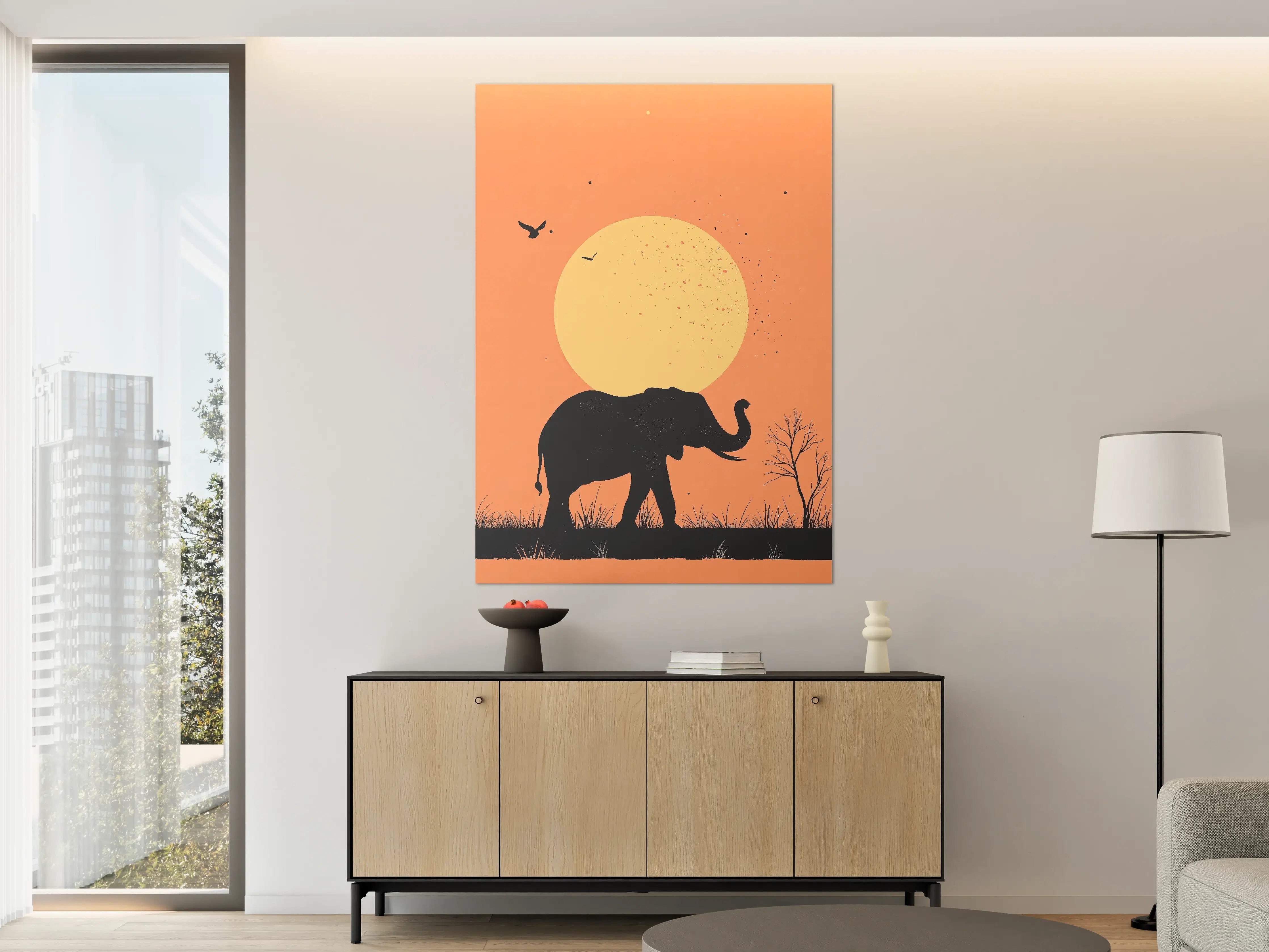 Große Wandbilder - Elefant vor Sonnenuntergang mit Vogelschwarm