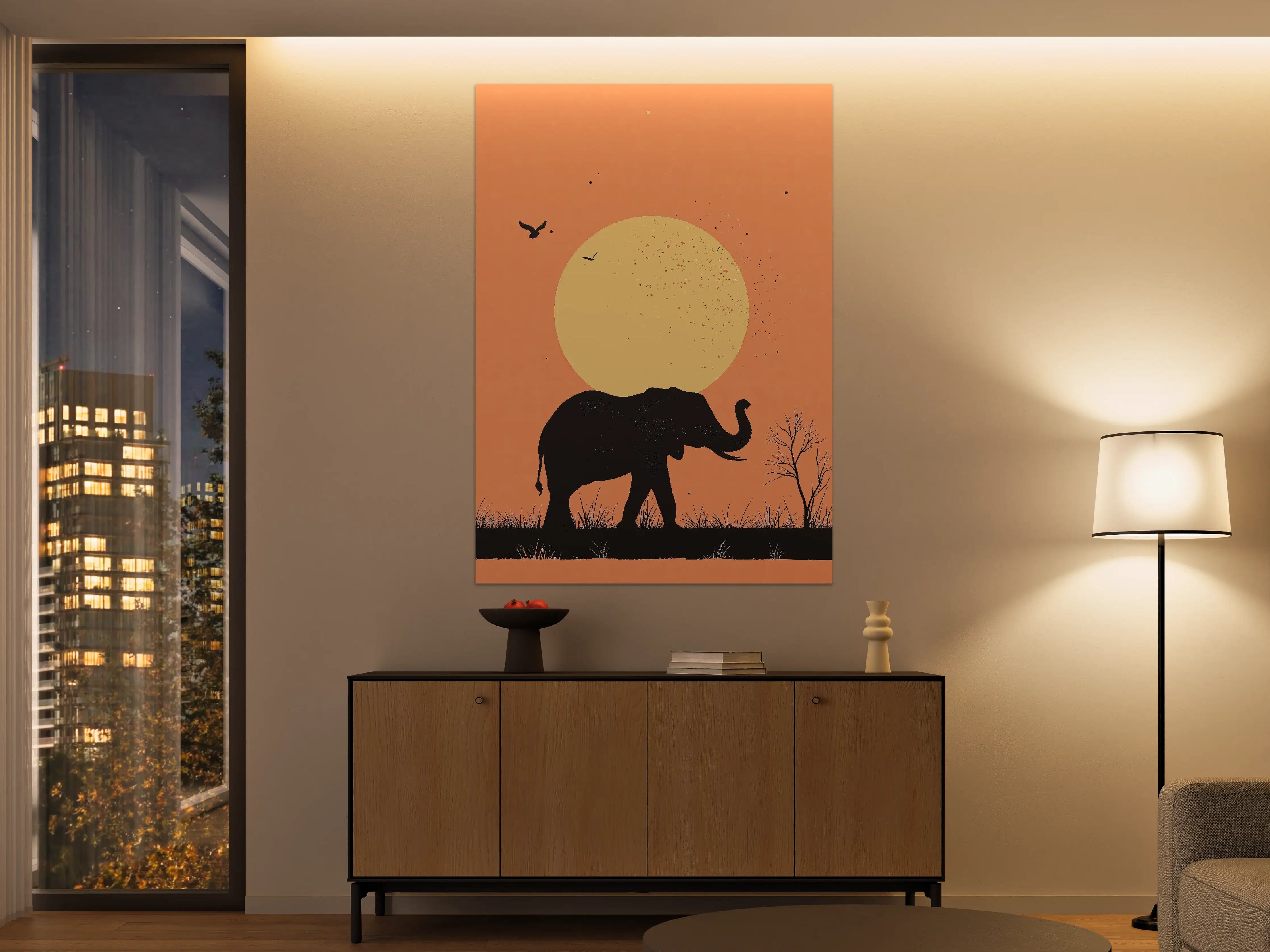 Große Wandbilder - Elefant vor Sonnenuntergang mit Vogelschwarm