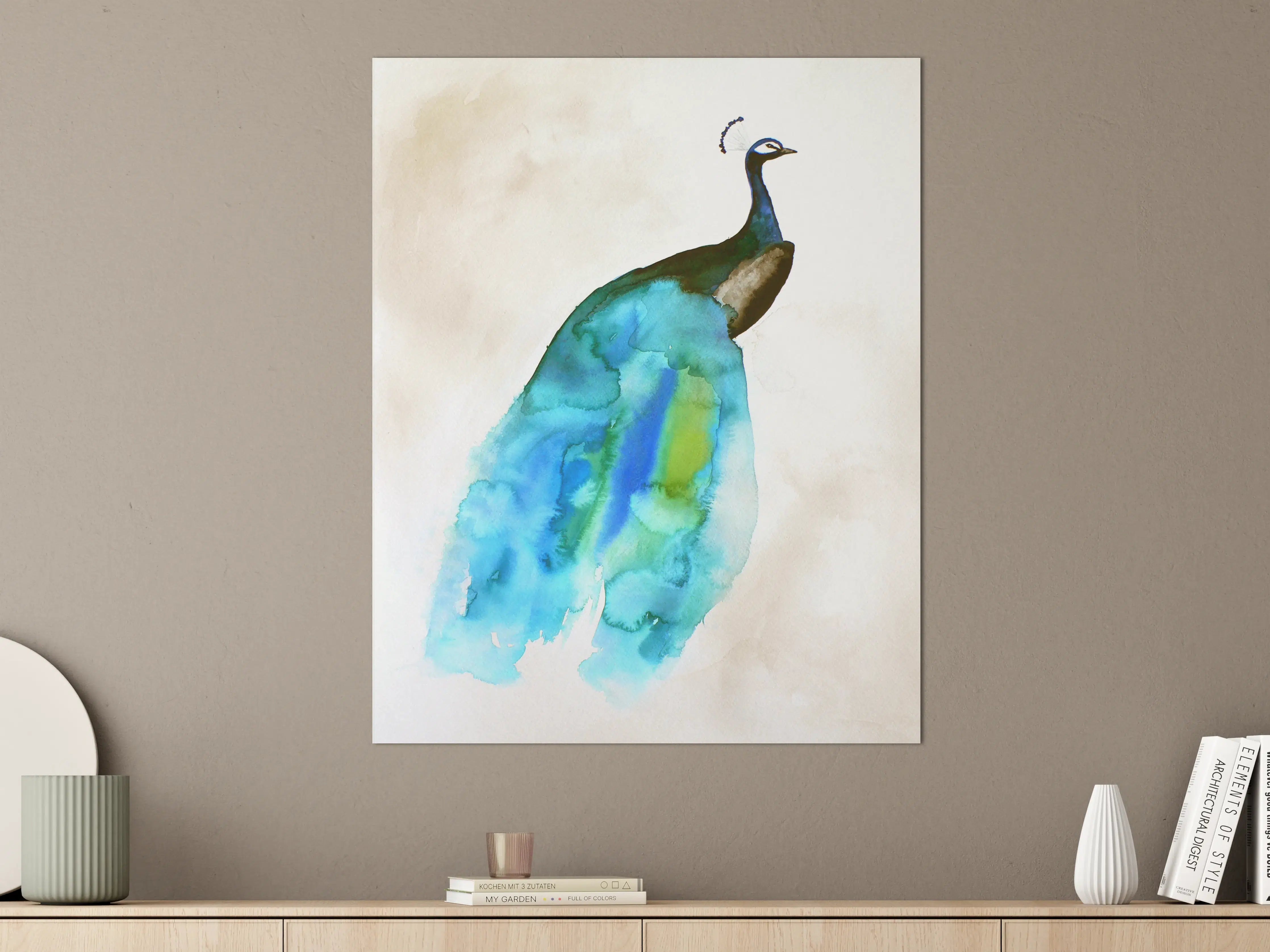 Große Wandbilder - Elegant bunter Pfau Wasserfarbkunst