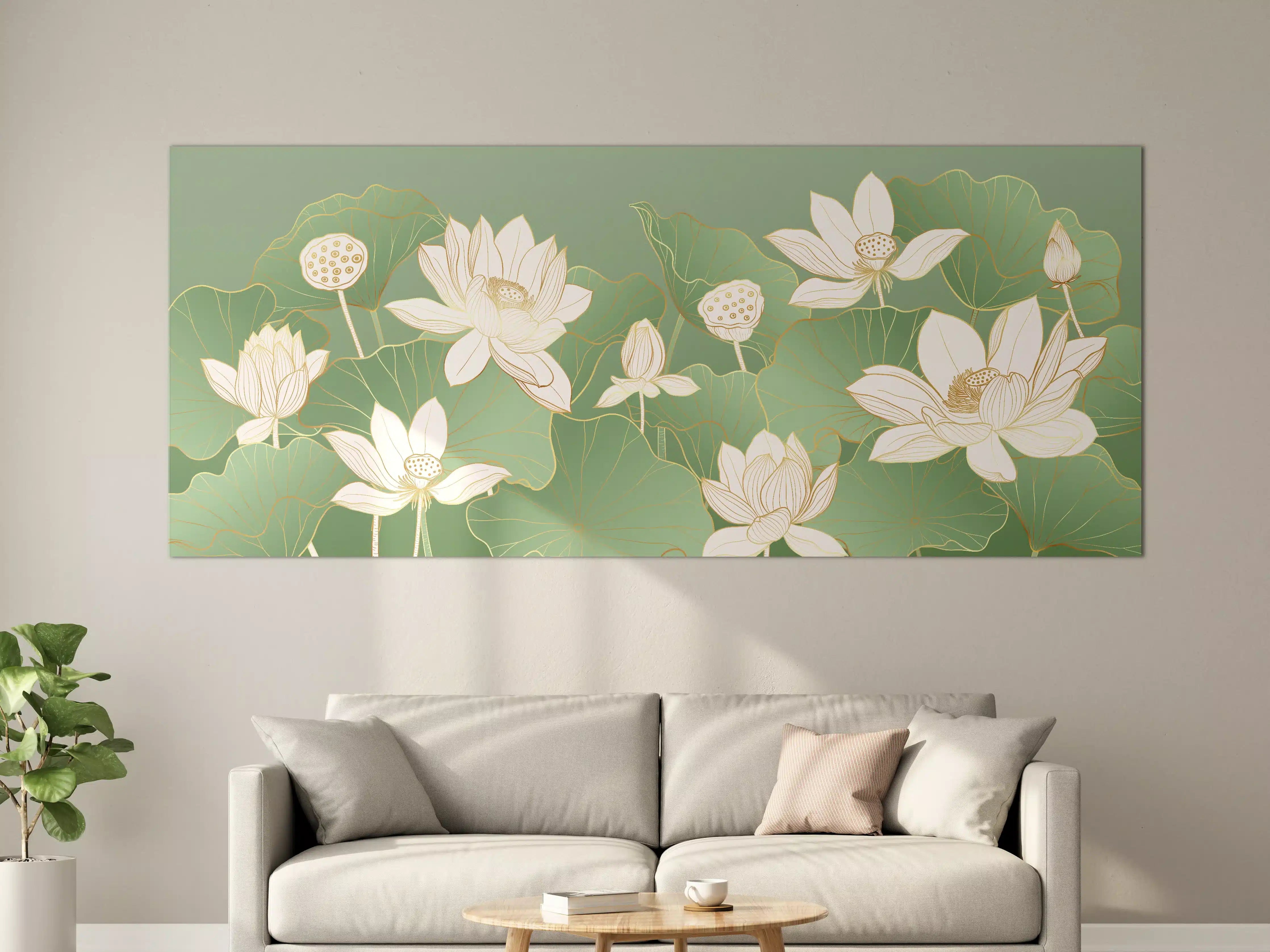 Große Wandbilder - Elegant weiße Lotusblumen mit grünen Blättern
