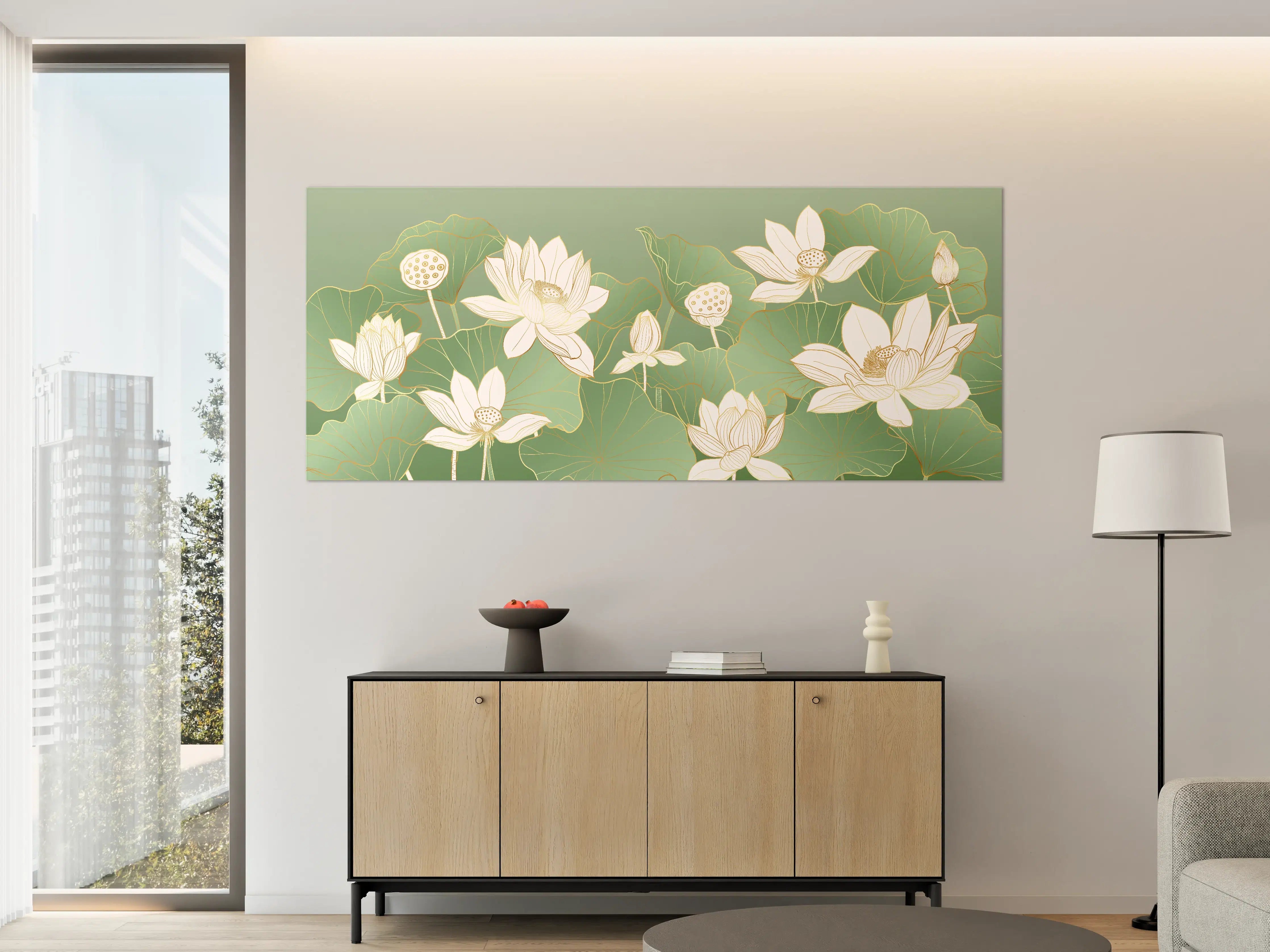 Große Wandbilder - Elegant weiße Lotusblumen mit grünen Blättern