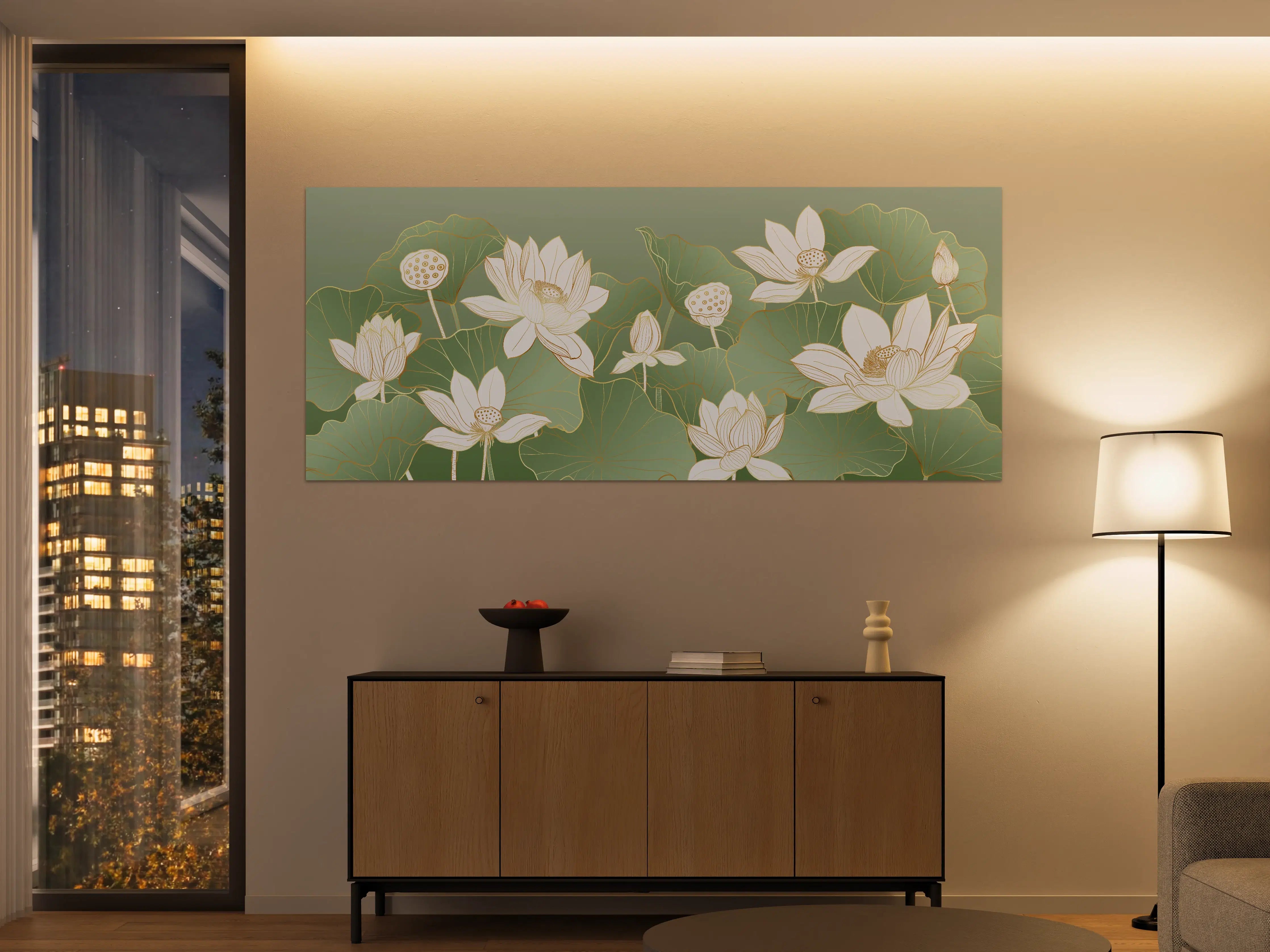 Große Wandbilder - Elegant weiße Lotusblumen mit grünen Blättern