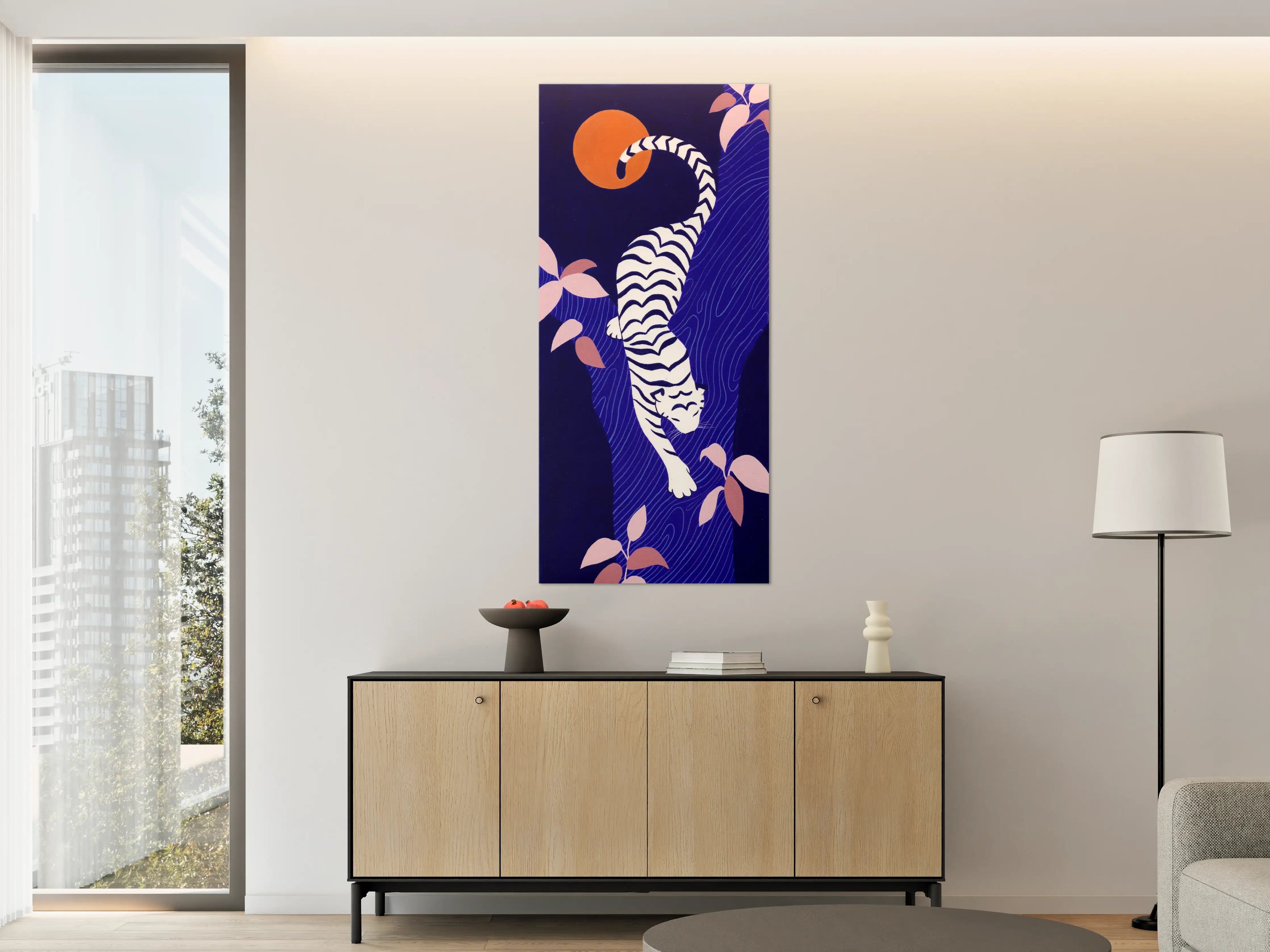 Große Wandbilder - Elegant weißer Tiger in blauer Landschaft