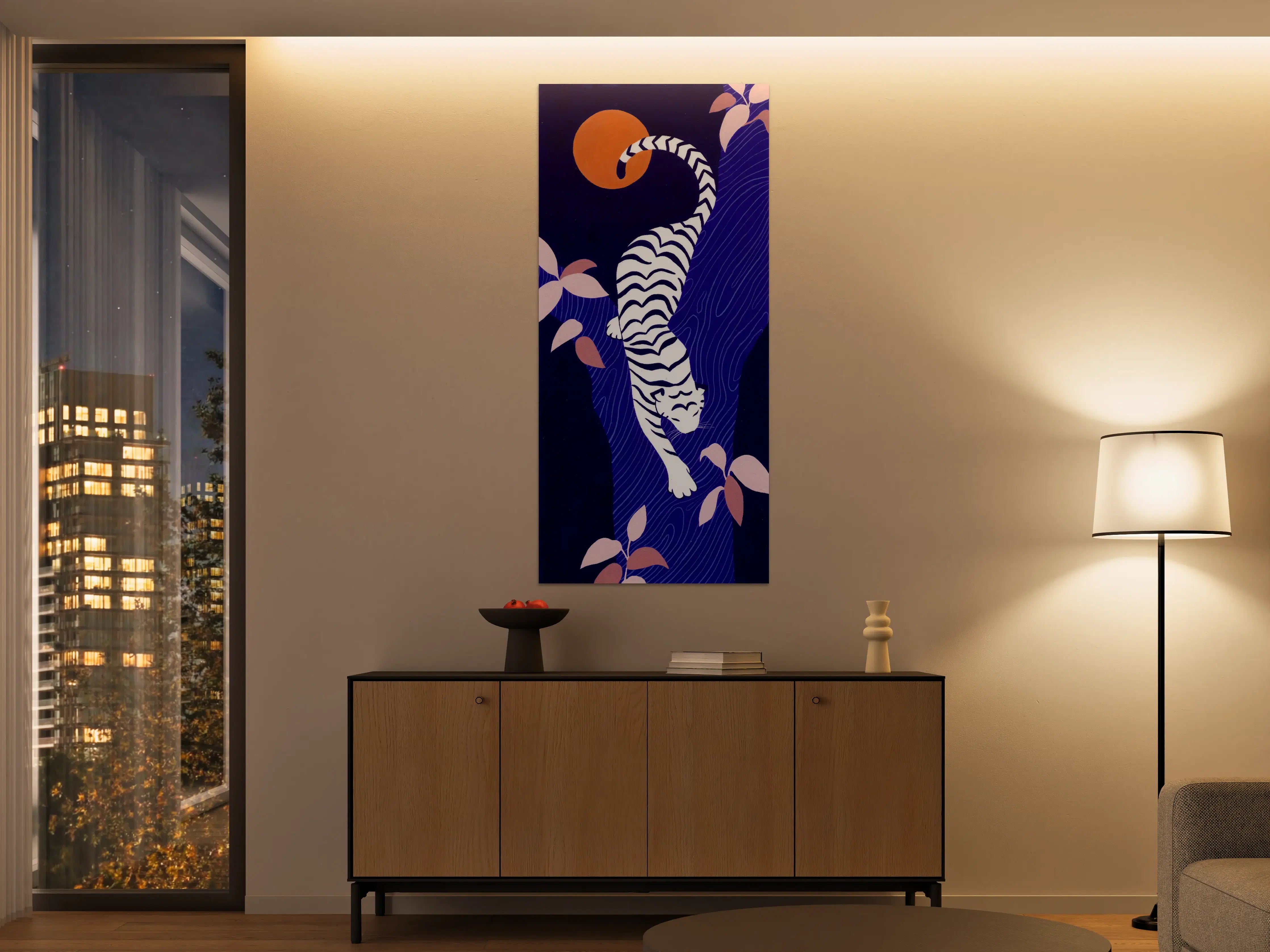 Große Wandbilder - Elegant weißer Tiger in blauer Landschaft