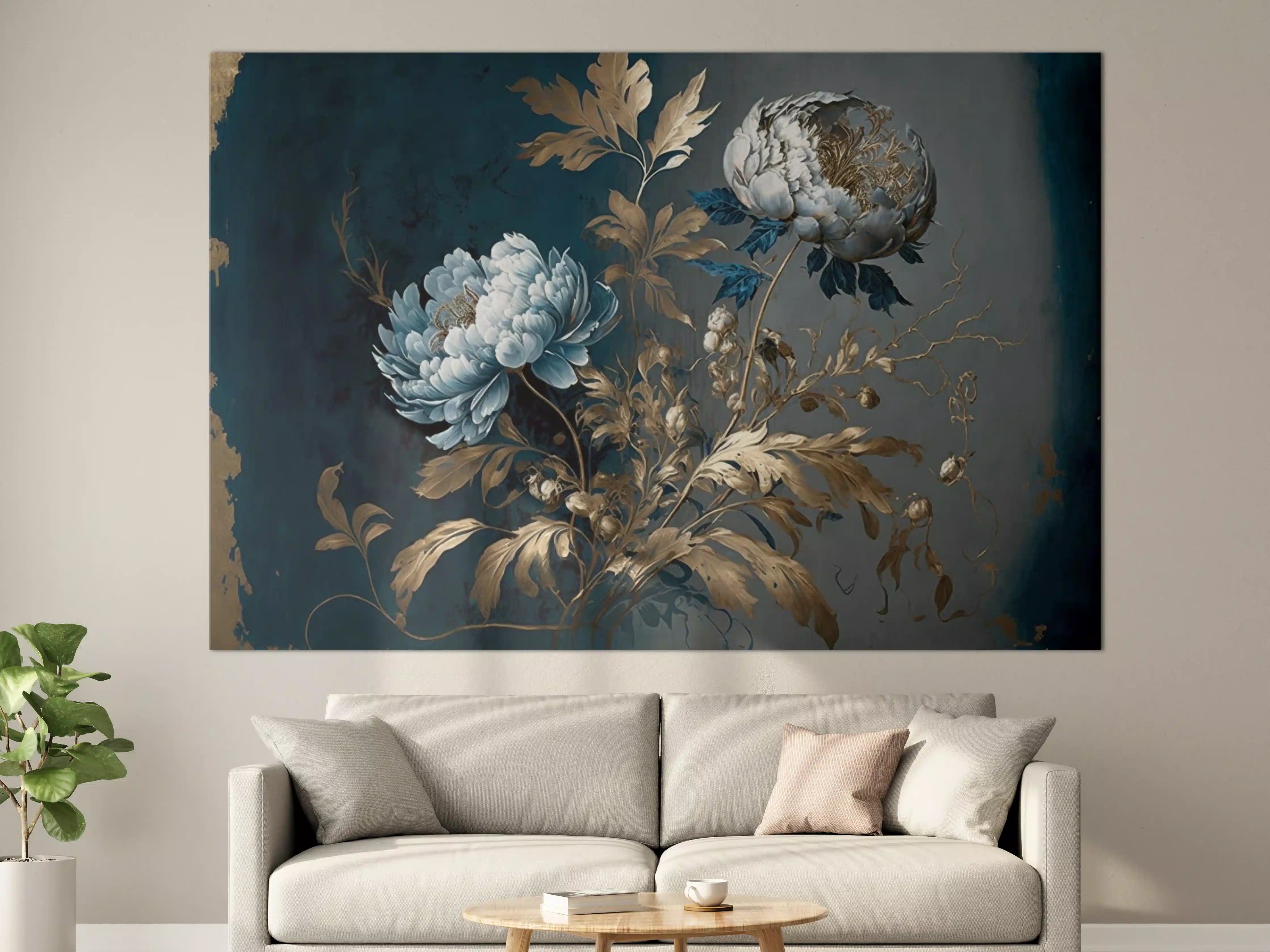 Große Wandbilder - Elegante Blaue Blumendekoration mit Goldakzenten