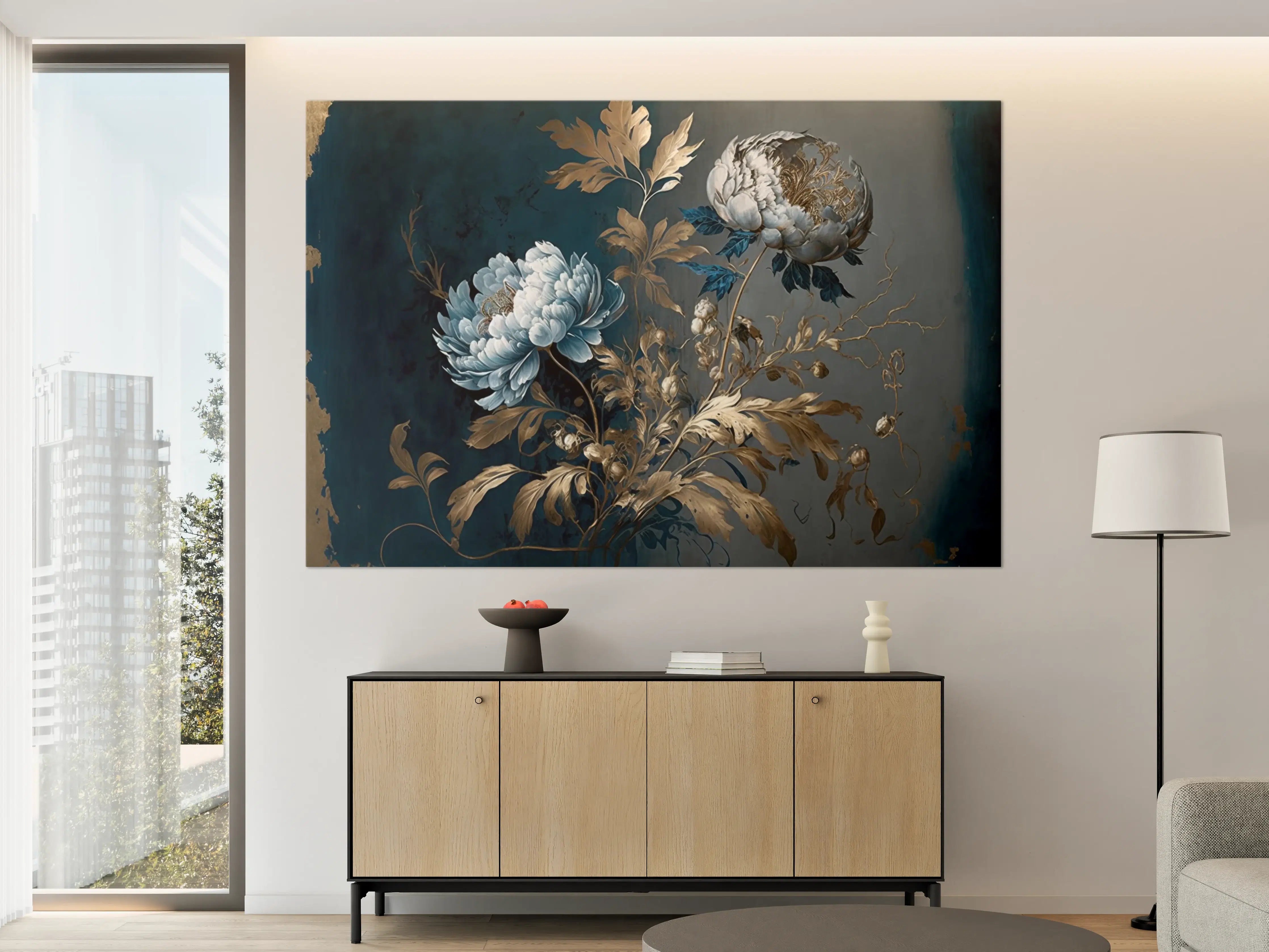Große Wandbilder - Elegante Blaue Blumendekoration mit Goldakzenten