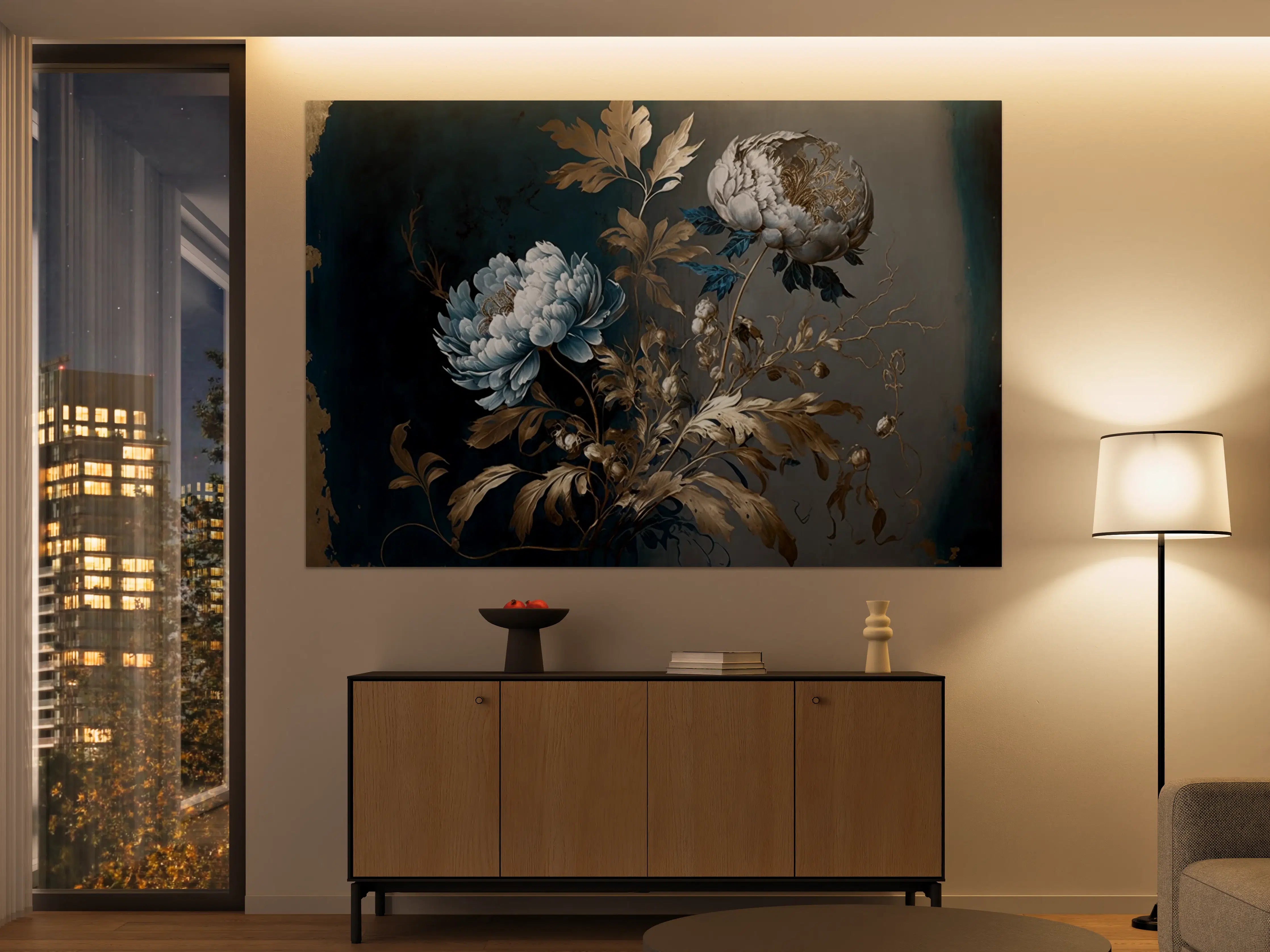 Große Wandbilder - Elegante Blaue Blumendekoration mit Goldakzenten