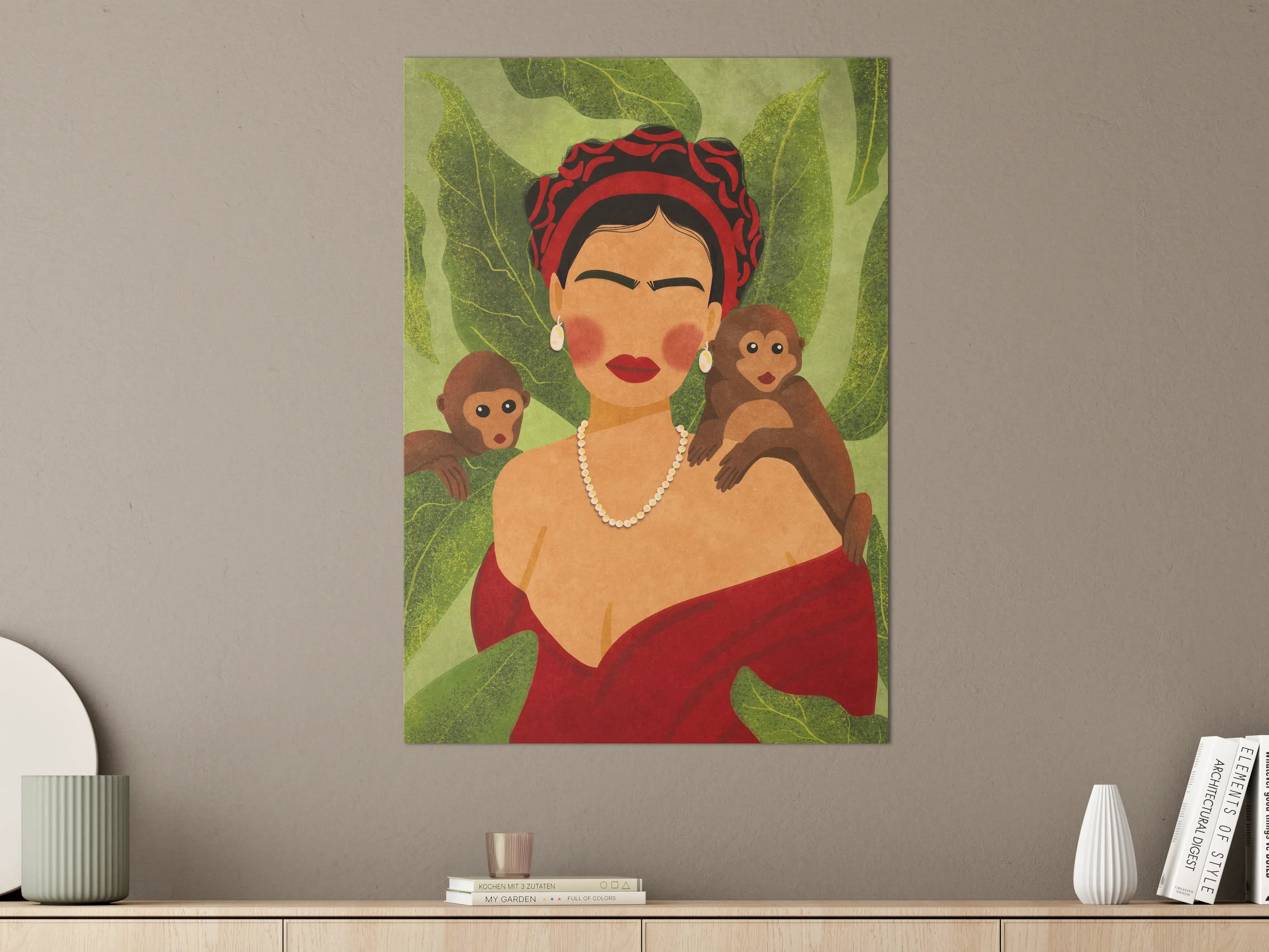 Große Wandbilder - Elegante Frau mit Affen und Blatt-Hintergrund