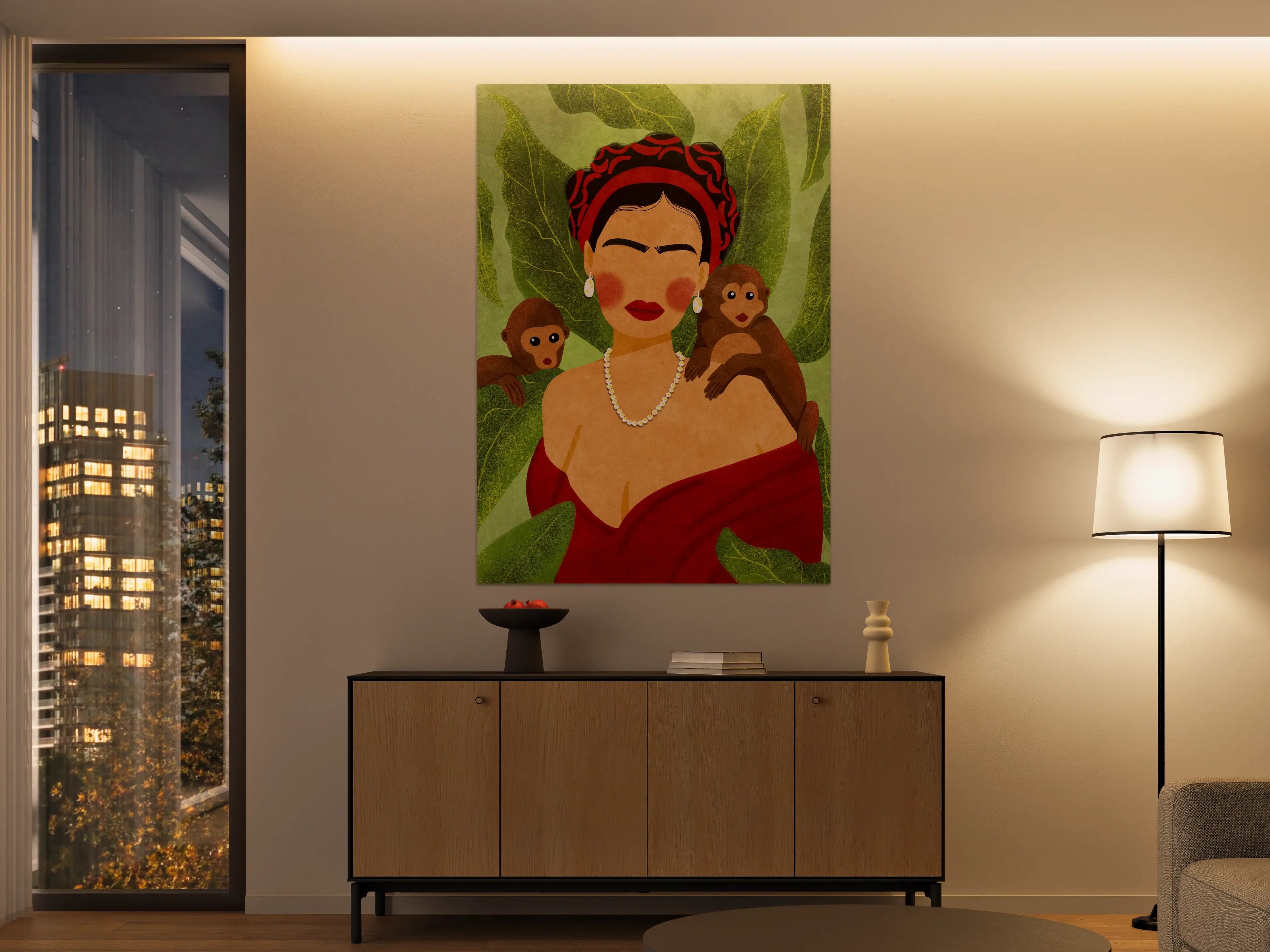 Große Wandbilder - Elegante Frau mit Affen und Blatt-Hintergrund