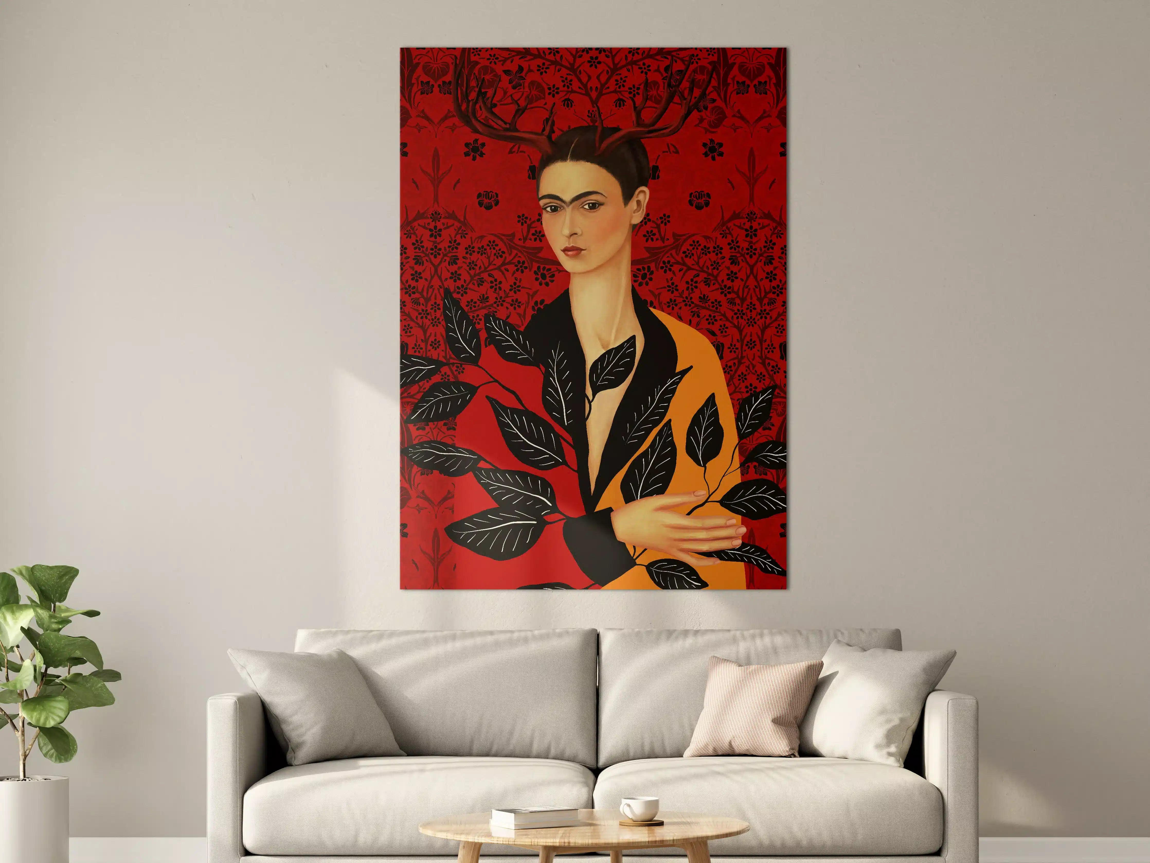 Große Wandbilder - Elegante Frau mit Hirschgeweih, rotes Hintergrundmuster
