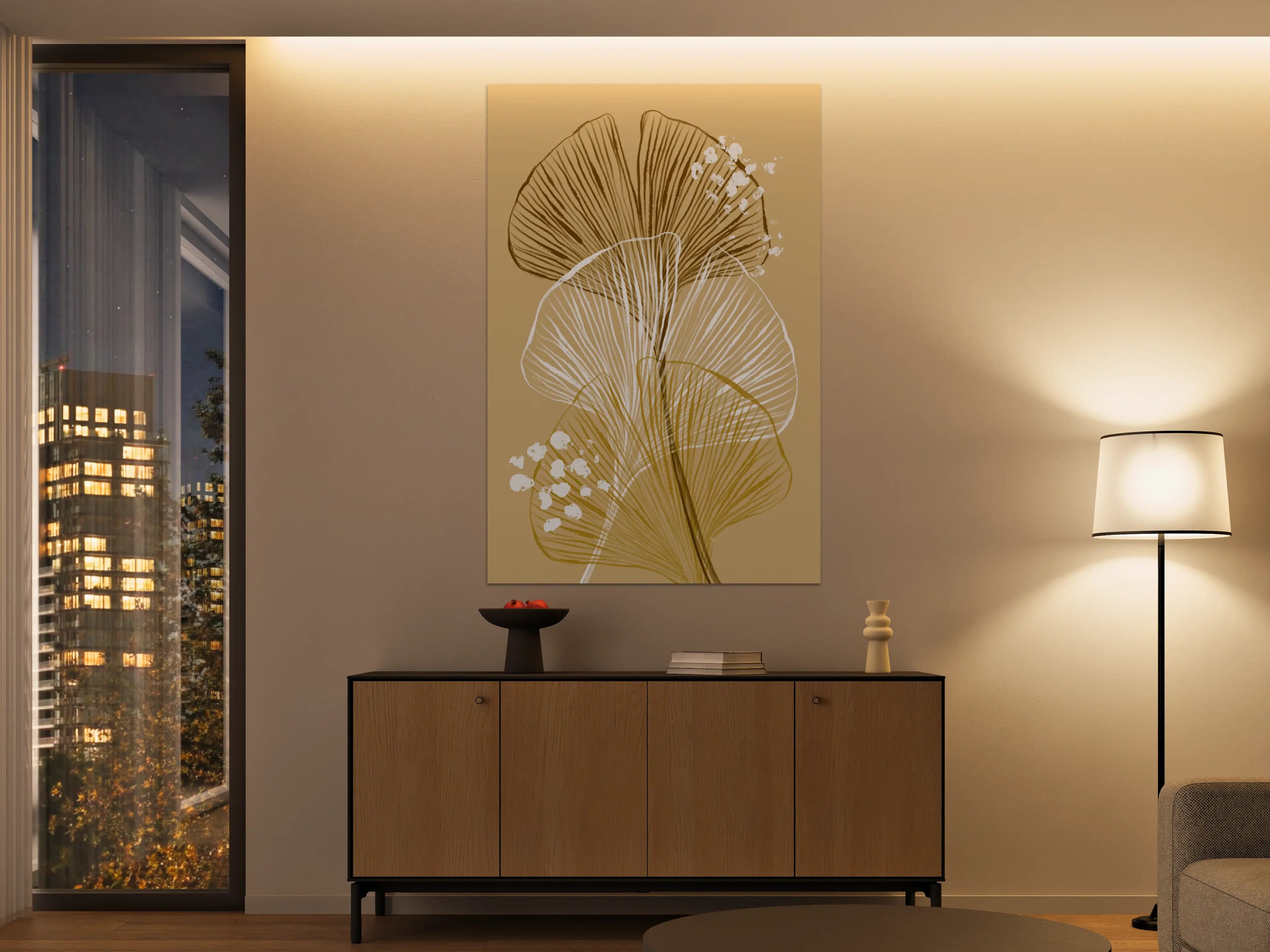 Große Wandbilder - Elegante Ginkgo-Blätter in Gold- und Braun-Tönen