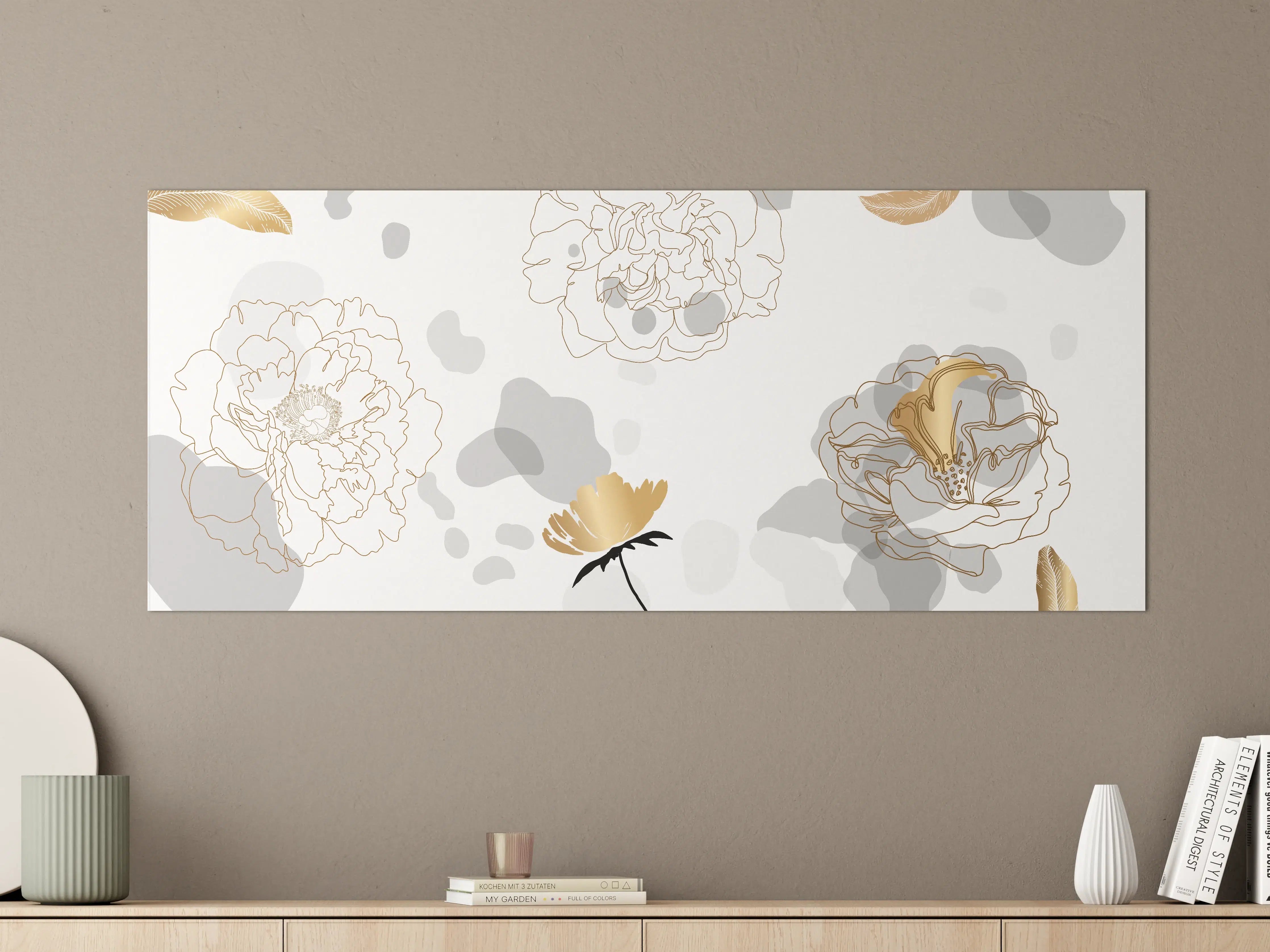 Große Wandbilder - Elegante Gold-Grau Floral Kunst