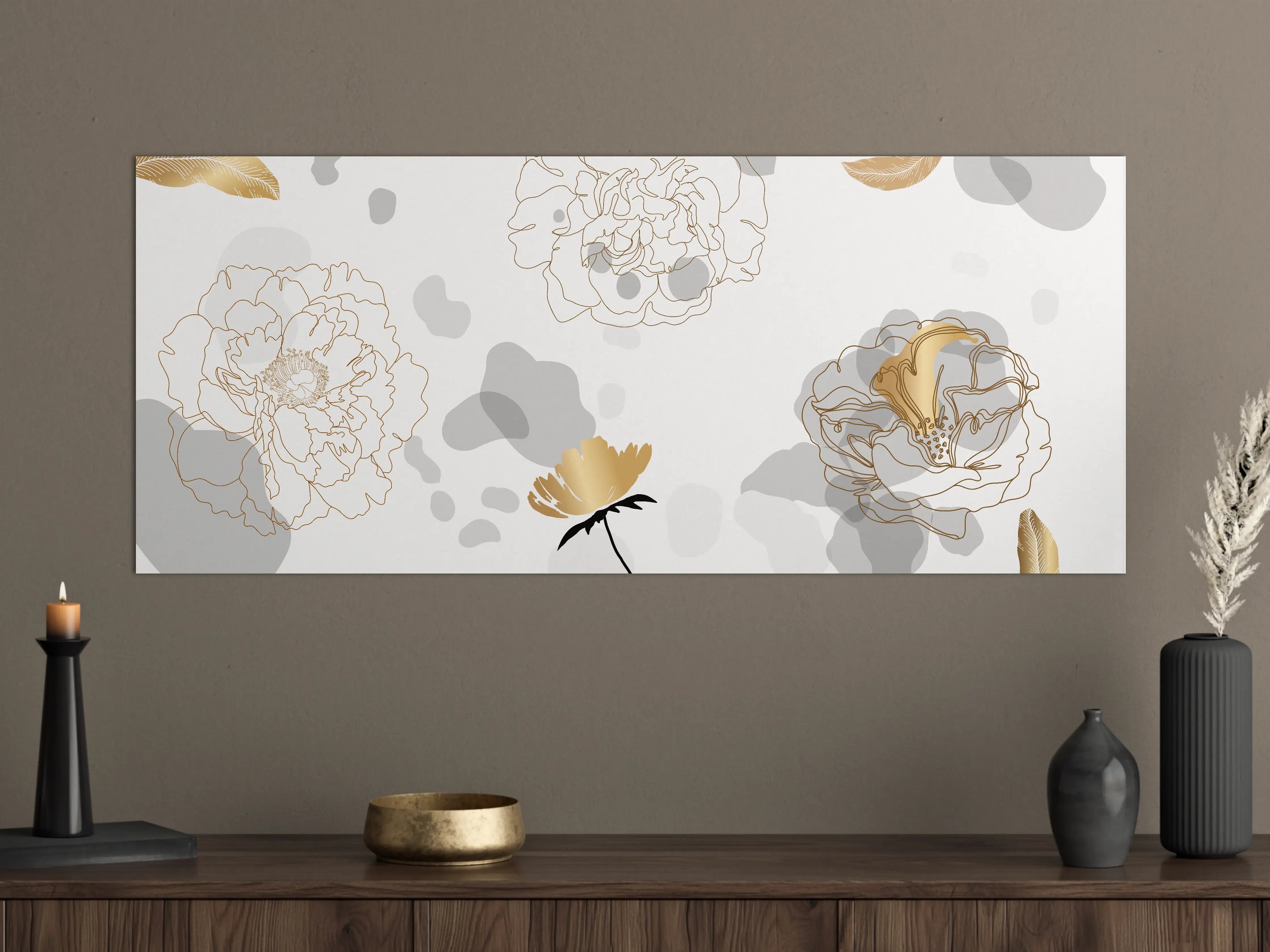 Große Wandbilder - Elegante Gold-Grau Floral Kunst