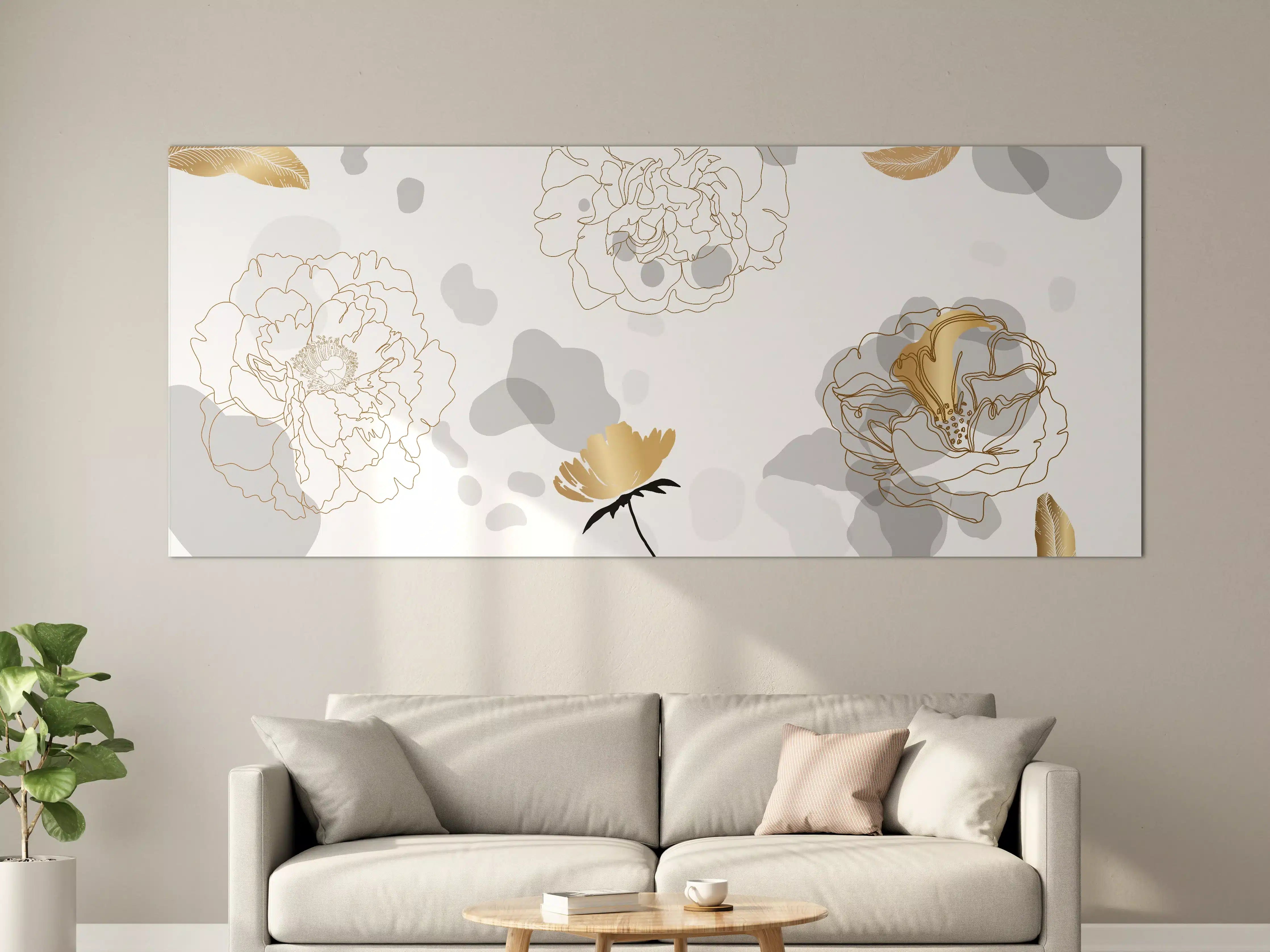 Große Wandbilder - Elegante Gold-Grau Floral Kunst