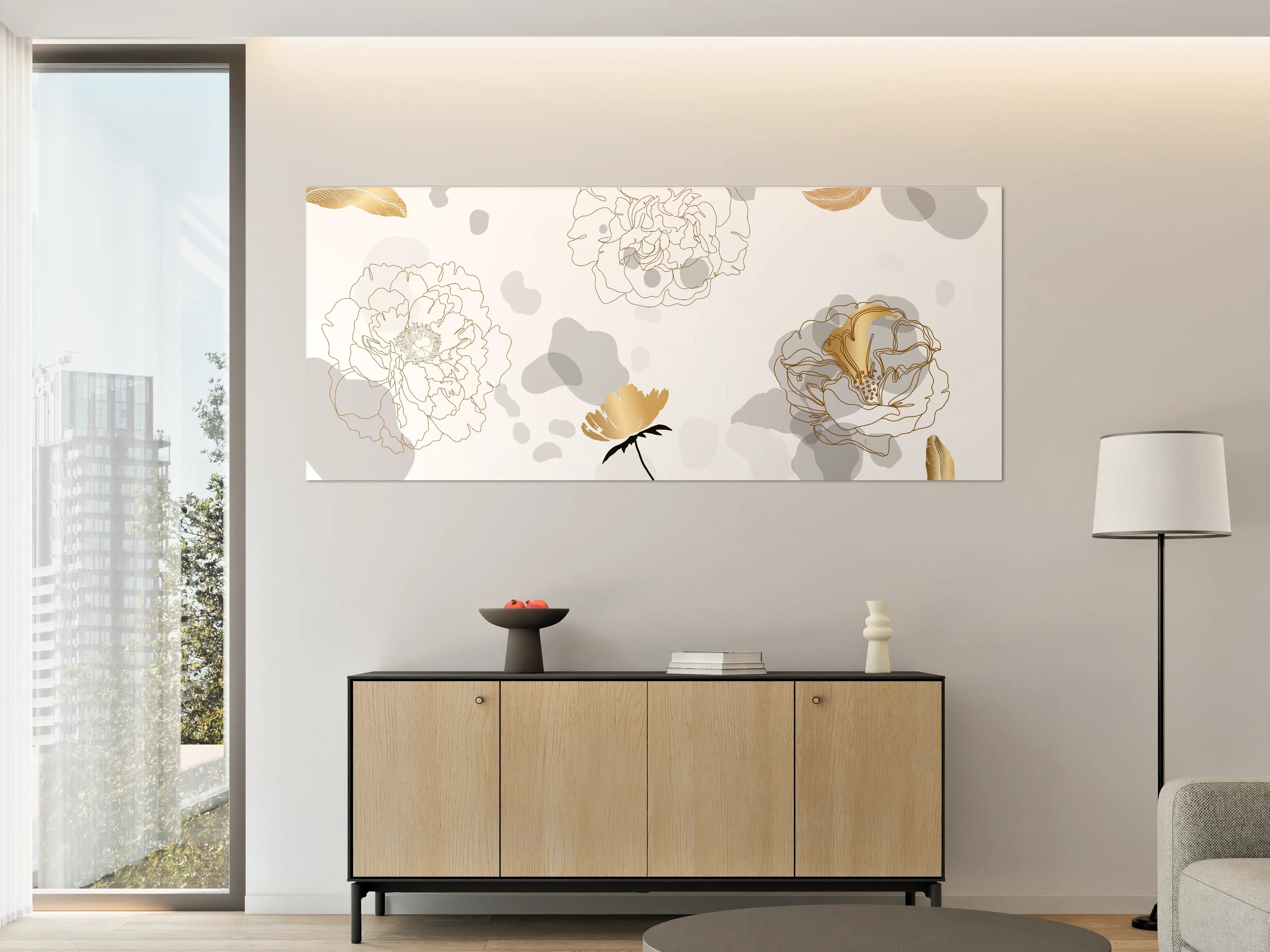 Große Wandbilder - Elegante Gold-Grau Floral Kunst