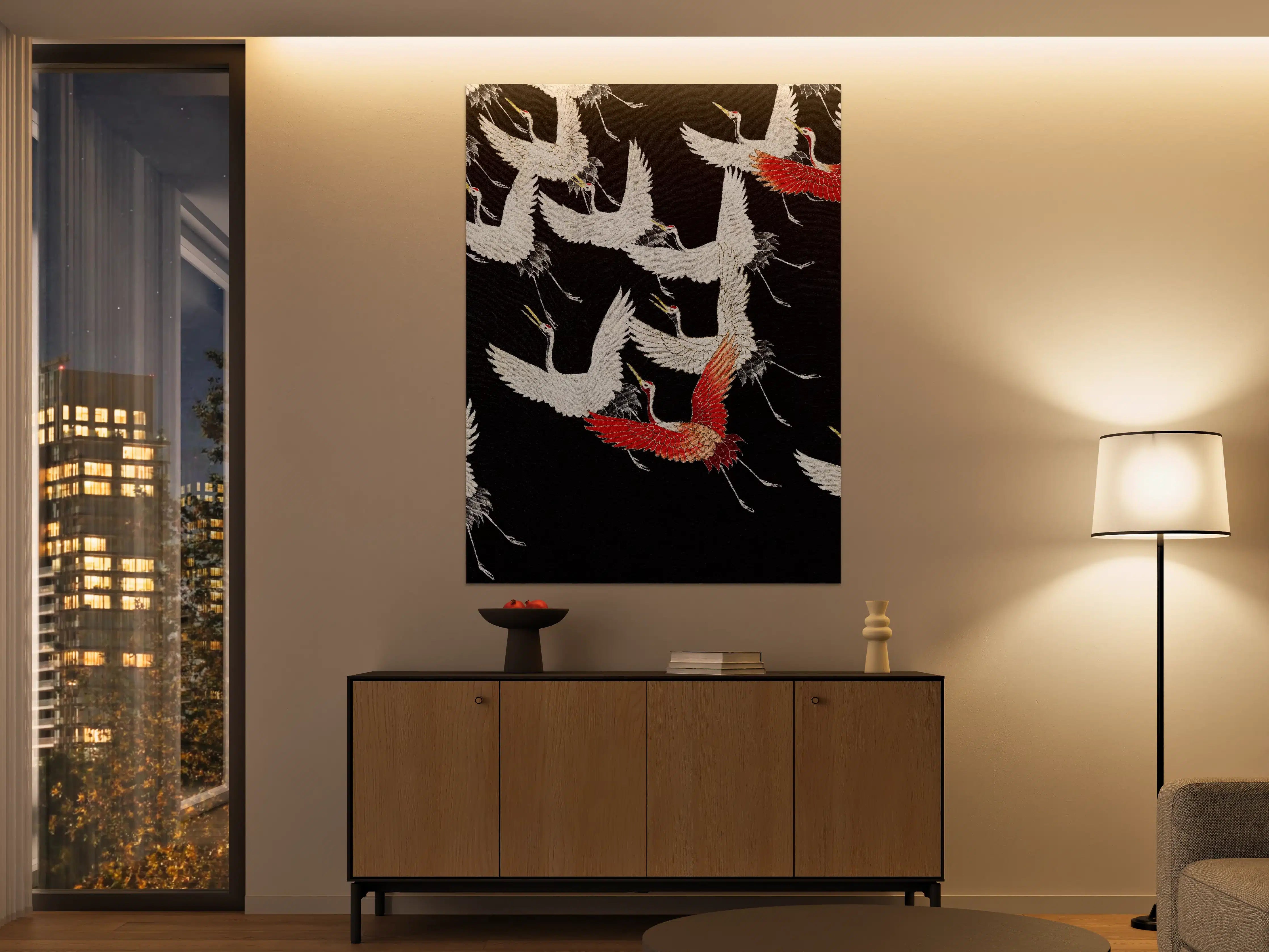 Große Wandbilder - Elegante Kraniche auf schwarzem Hintergrund