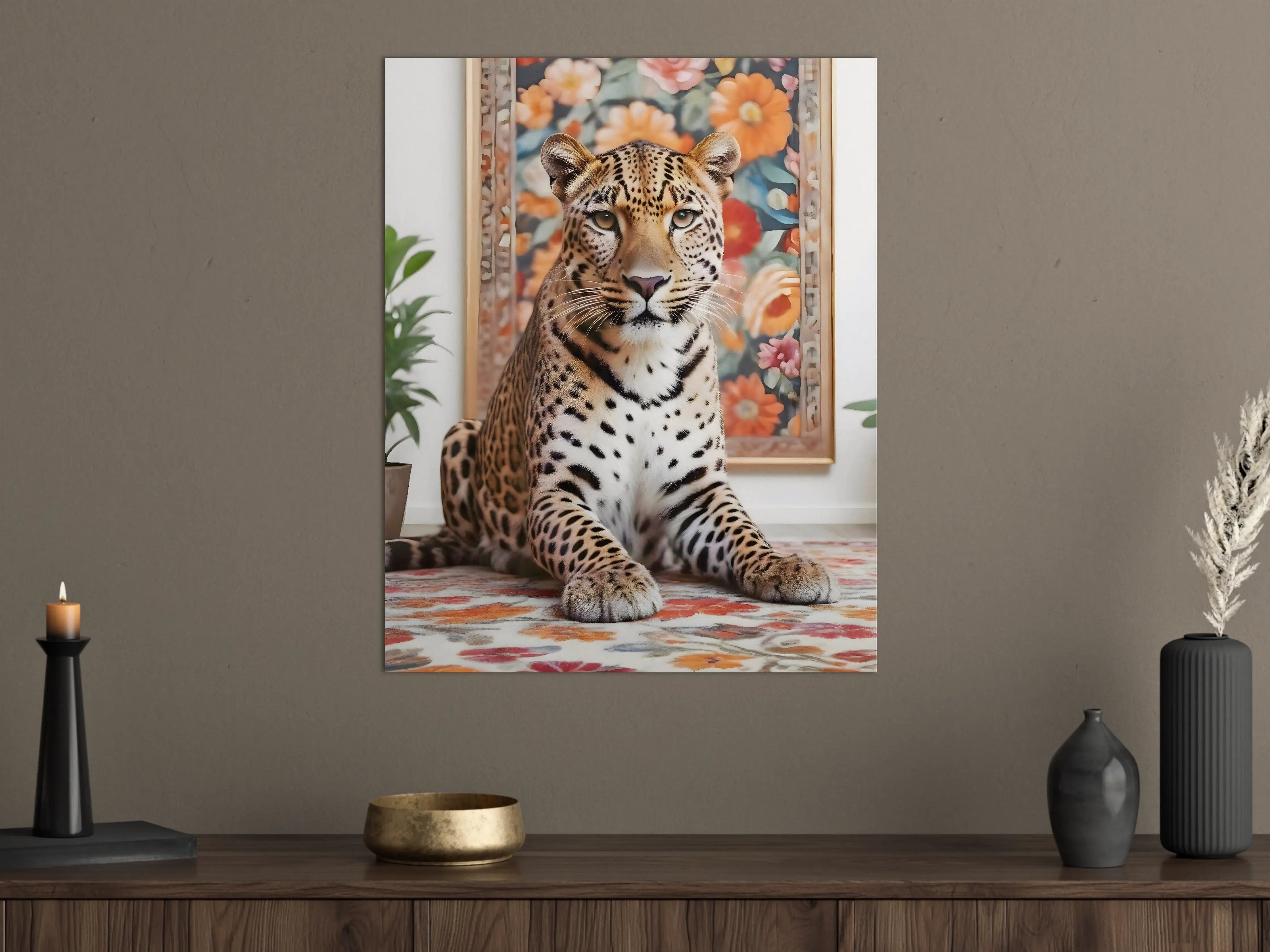 Große Wandbilder - Elegante Leopardin vor blumigem Hintergrund