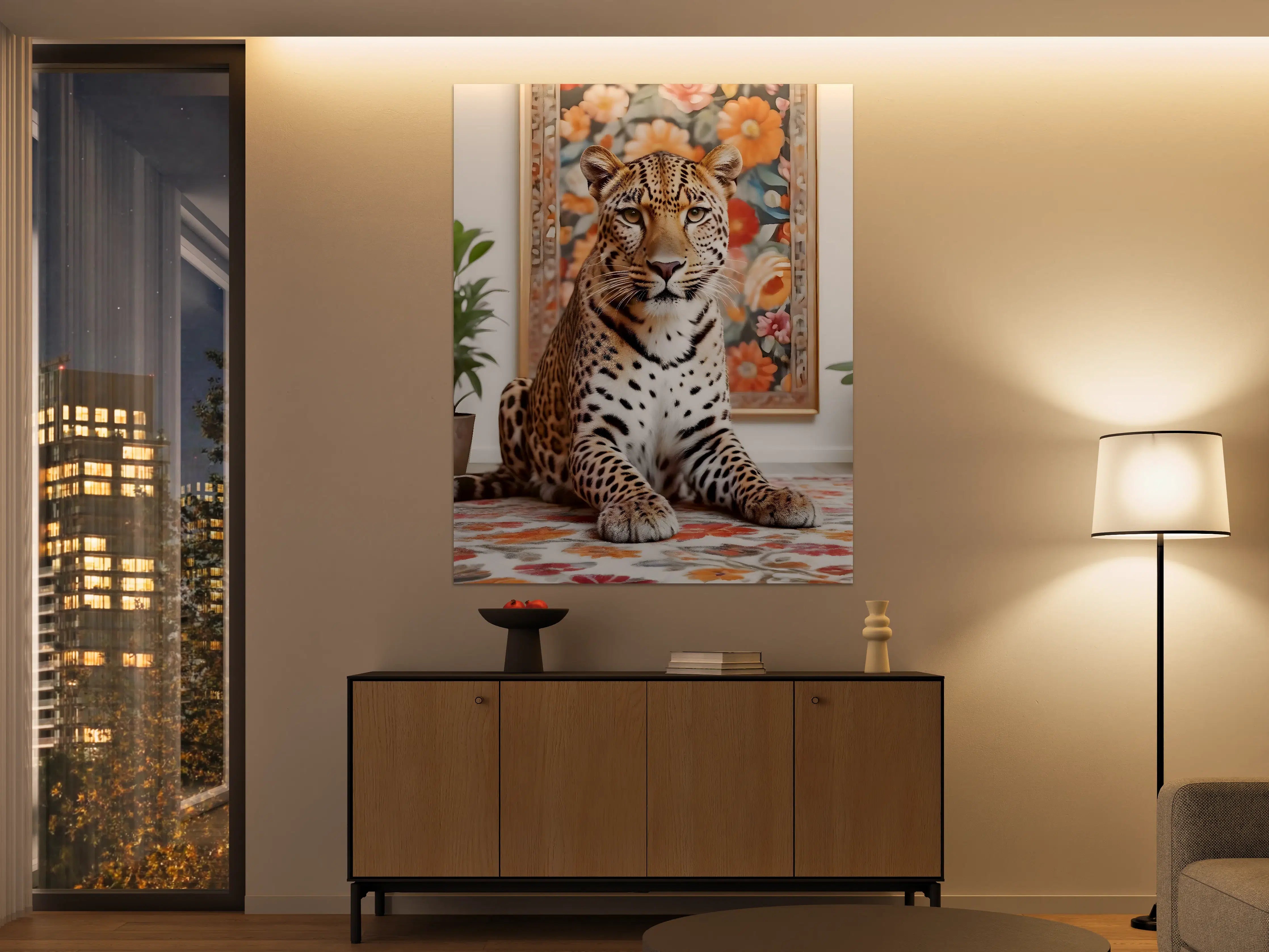 Große Wandbilder - Elegante Leopardin vor blumigem Hintergrund